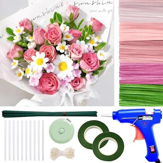 500 Pcs Thick Pipe Cleaners for DIY Flowers & Crafts – 5 Colors Chenille Stems with Glue Guns & Tape Measure – Perfect for Family Fun & Creativity, Holiday & Room Decorations (Pink, 12in x 8mm)