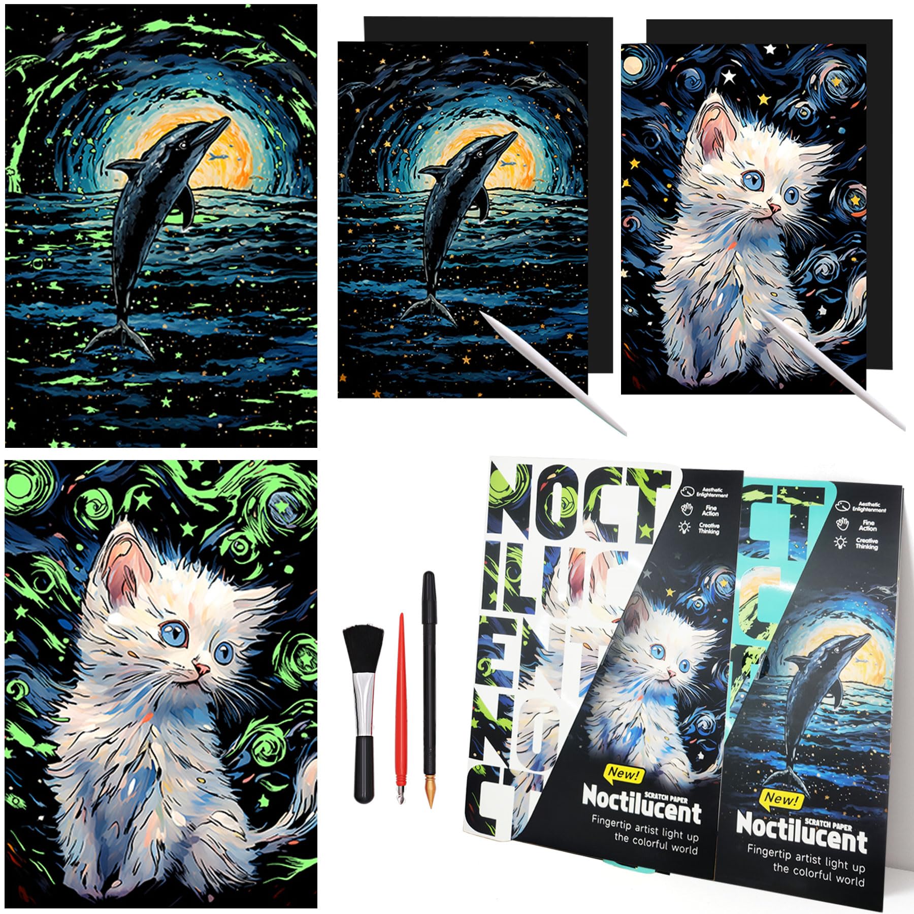 Scratch Paper Art Paint by Scratch Kit Adult, Noctilucent Arts and Crafts for Adults&Teens with Scratchboard Tools 16"x11.2" Rainbow Painting(White Cat&Dream Dolphin)-image-21