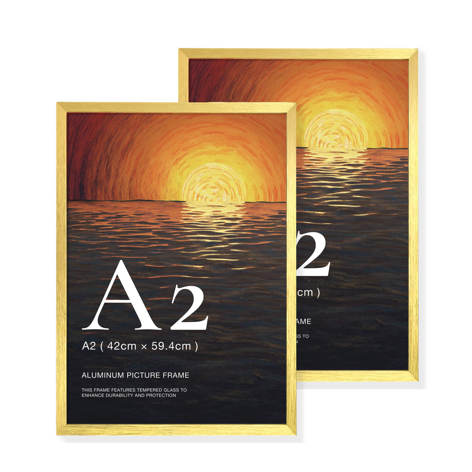 LIVINGTASTE A2 Picture Frame Brushed Gold Aluminium, Set of 2 42x59.4 cm Photo Frame with Plexiglass Front, for Posters, Artwork, Presentations and Wall Display