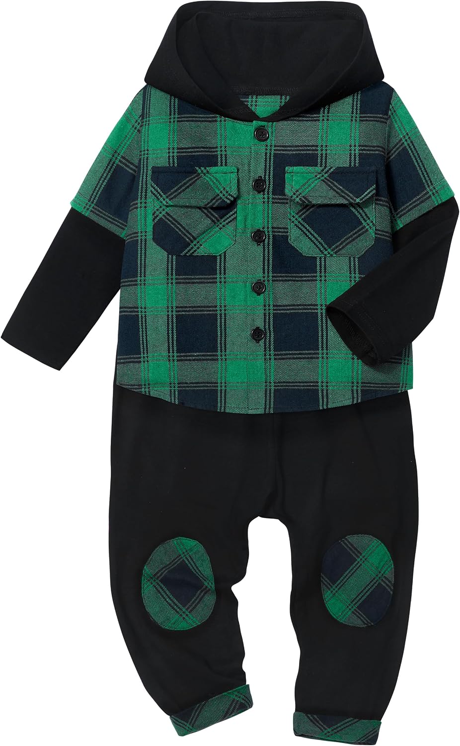 DONWEN Toddler Baby Boy Clothes Plaid Long Sleeve Patchwork Hoodie Top + Pants 2pcs Fall Winter Outfits Set