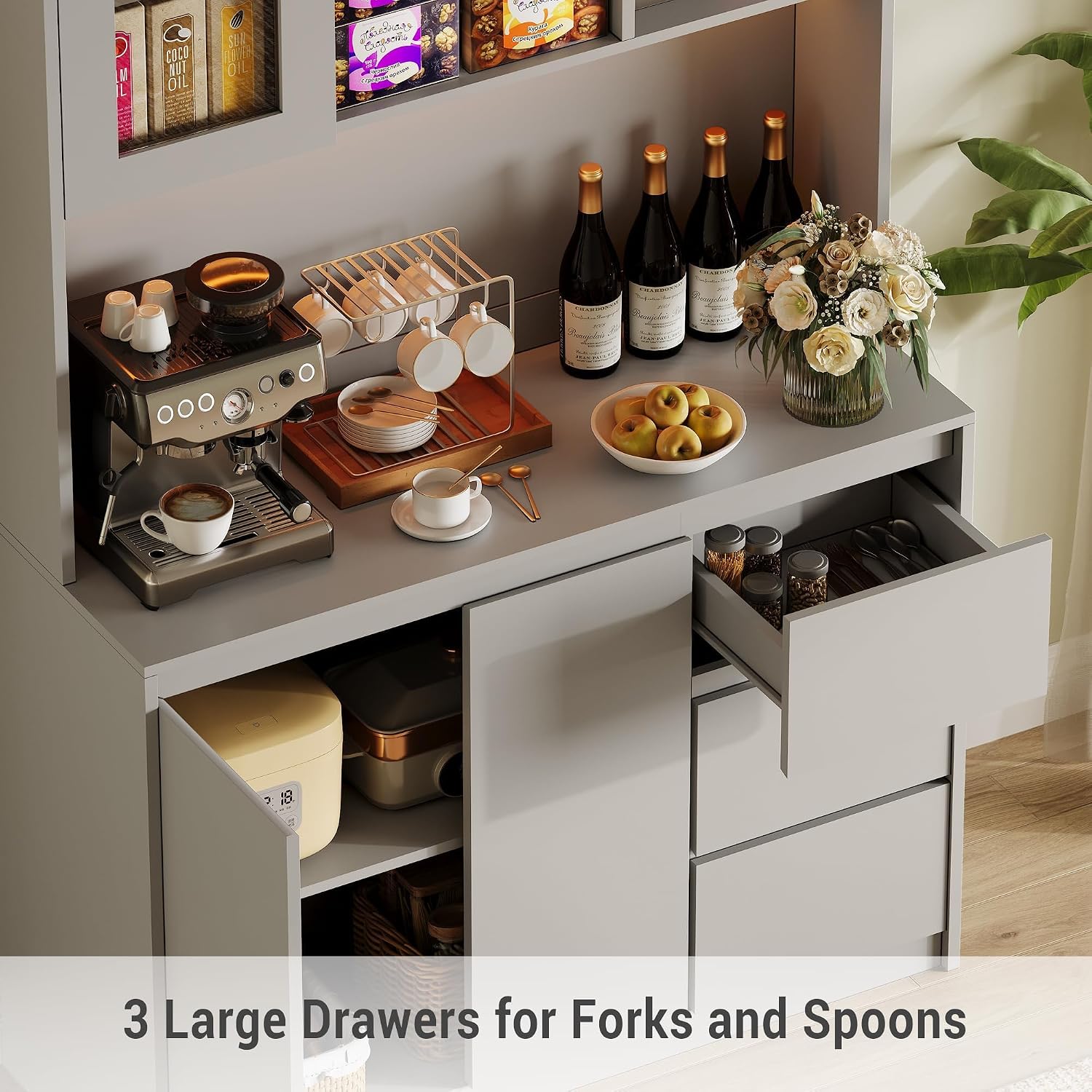 71" Kitchen Pantry Cabinet,Tall Storage Cabinet with Doors & Shelves Adjustable, Kitchen Storage Hutch with Microwave Shelf,Coffee Bar,Led Lights&Charging Station,Corner Pantry Cabinet for Living Room