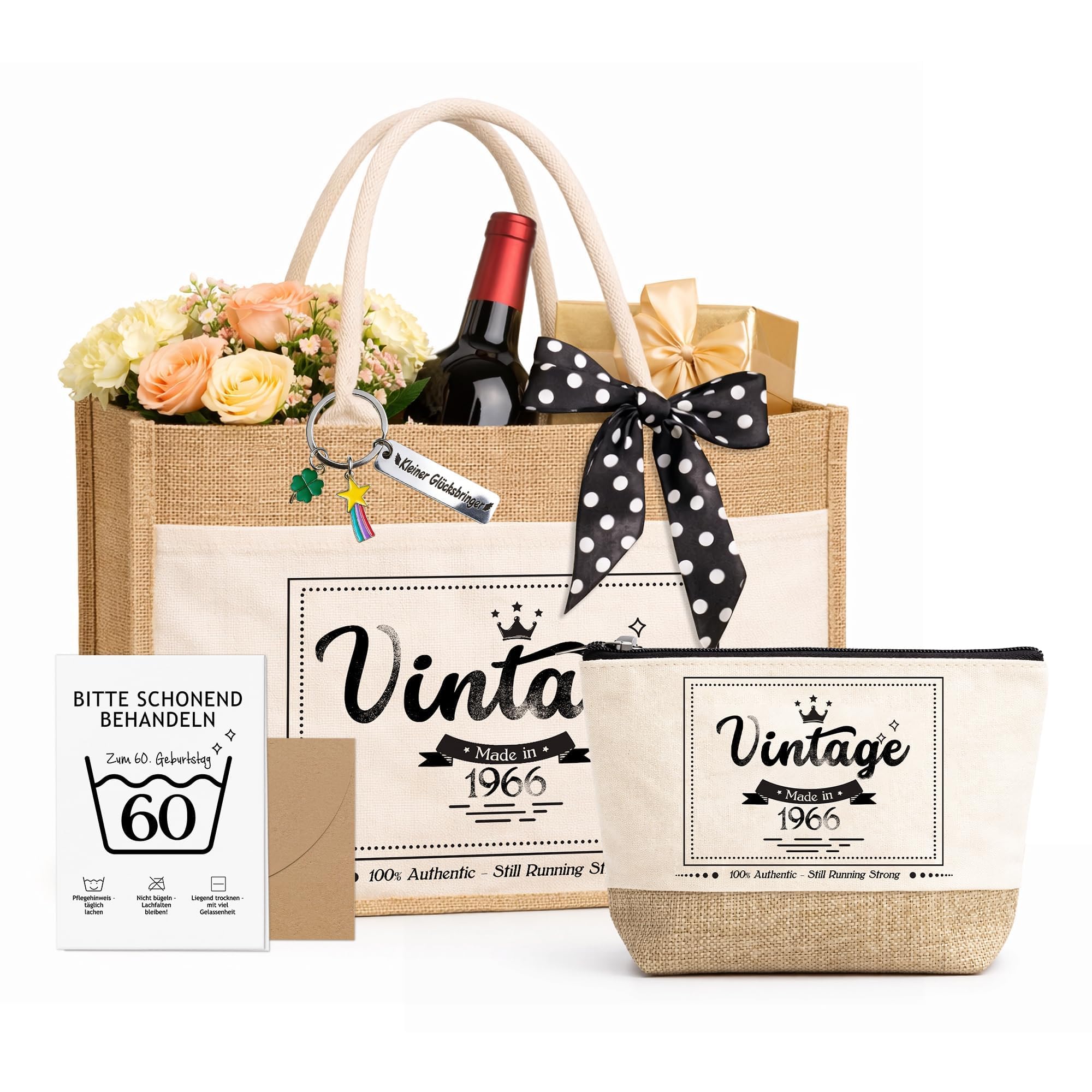 Geschenk Frau Geburtstag, Jutetasche Tragetasche Vintage Einkaufstasche | Personalisiert Geschenk Einkaufstasche mit Kosmetiktasche Grußkarte & Schlüsselanhänger für Mama, Kollegin oder Schwester
