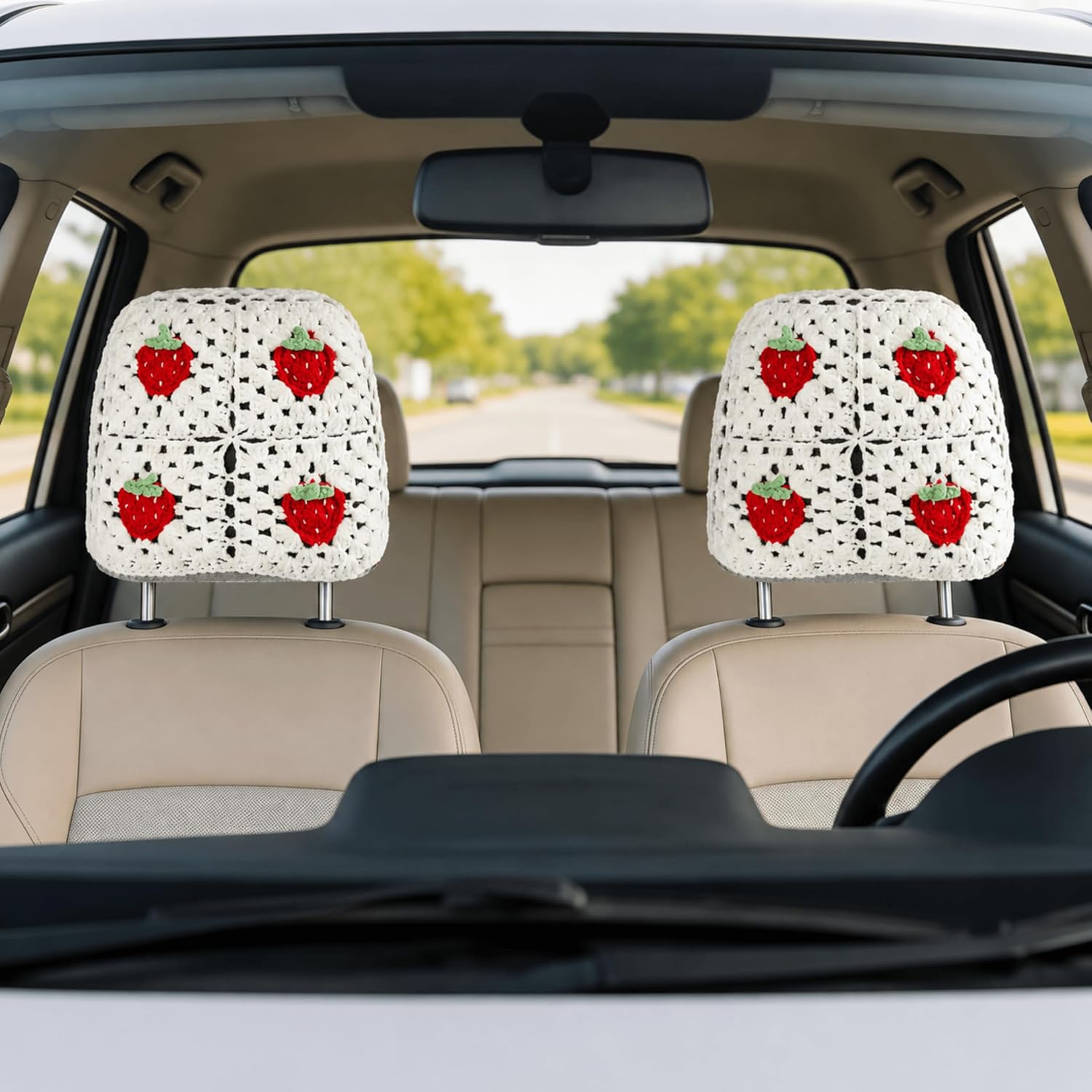 2Pcs Crochet Car Headrest Cover, Cute Boho Car Accessories (White-red) image 2