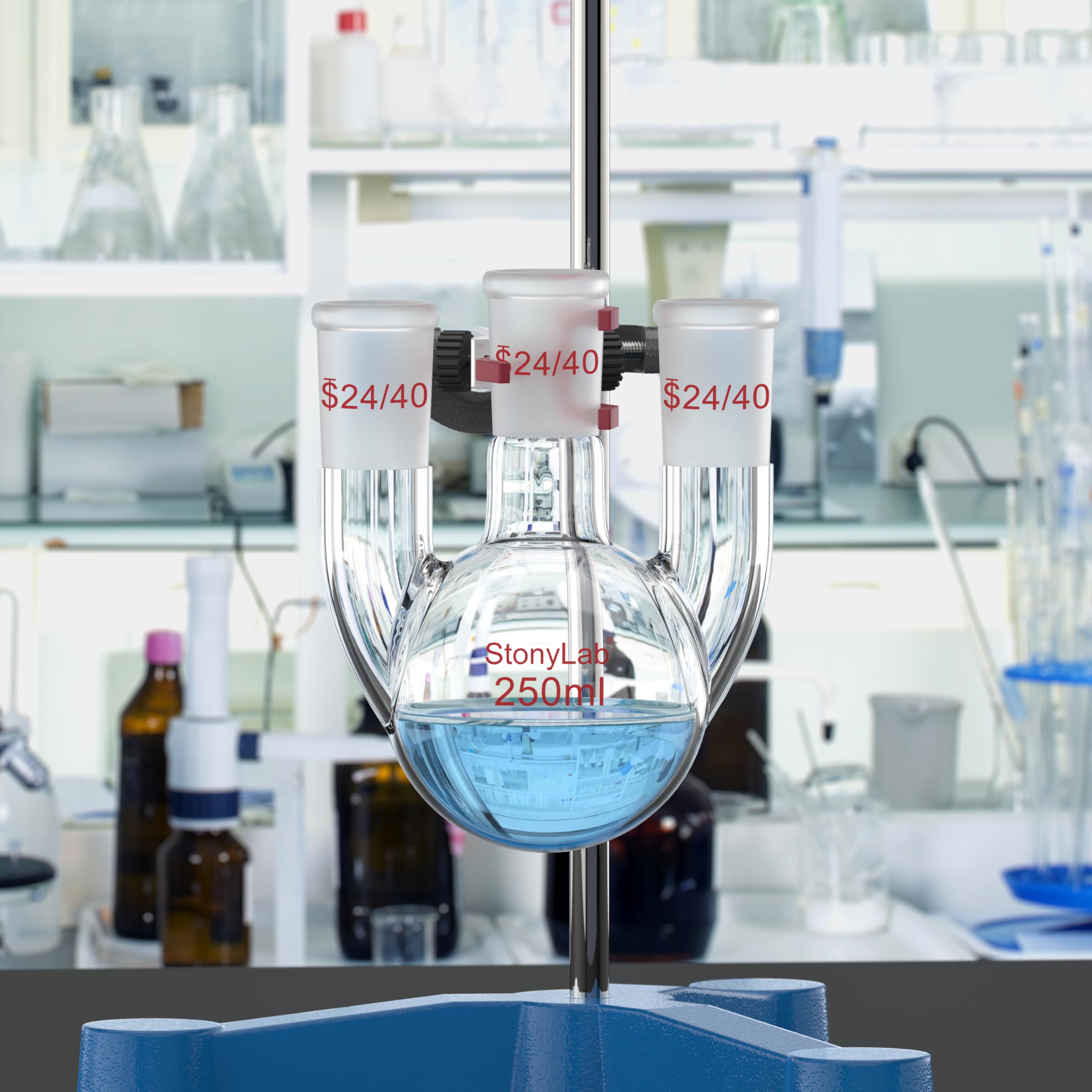 stonylab 250 ml Rundkolben mit 3 geraden Hälsen, 24/40 Standard-Schliffe, hochborosilikat Glas, ideal für Chemie, Labor, wissenschaftliche Experimente, Destillation und Rückflussanwendungen