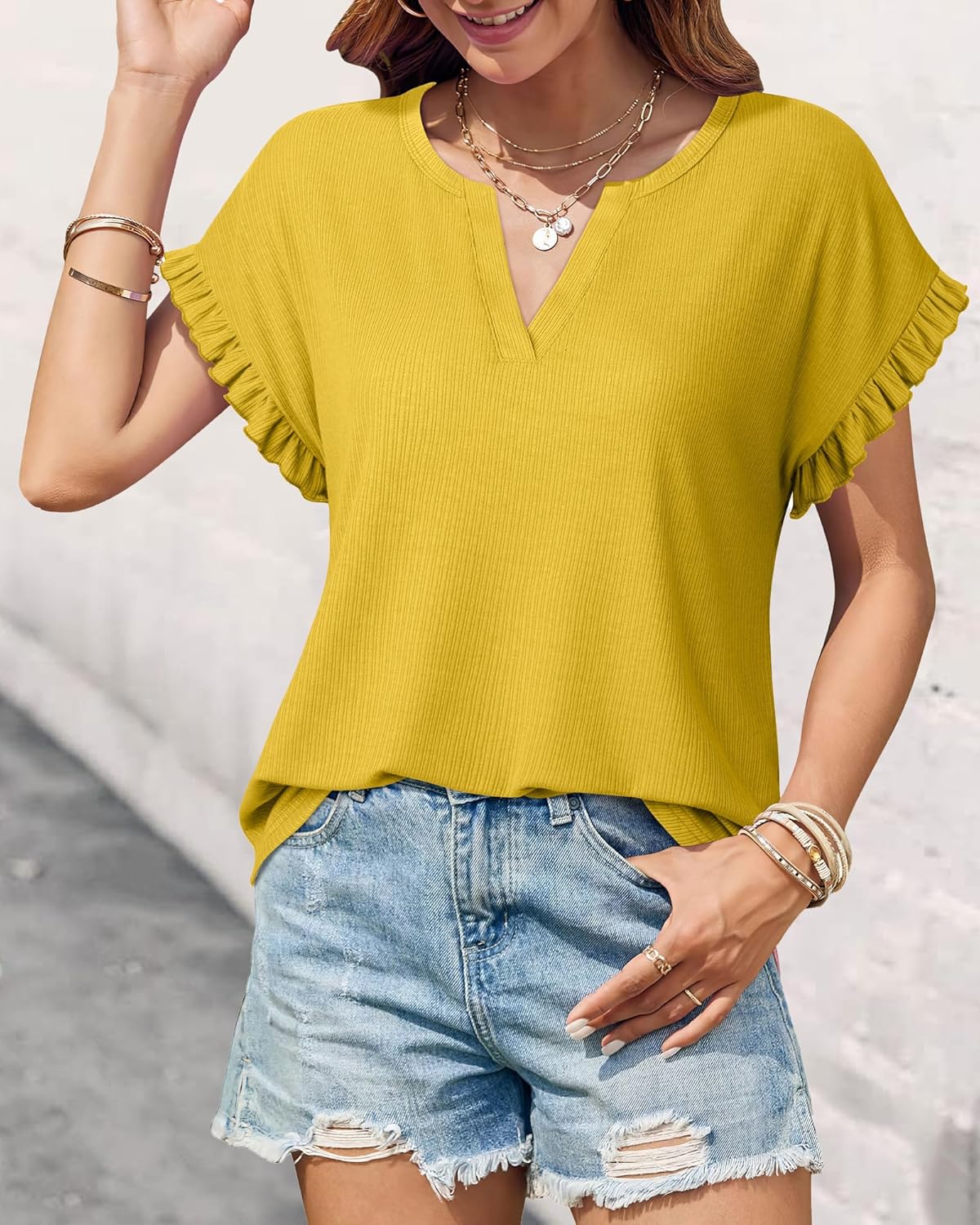 Youtalia Women's Casual Ribbed Knit Tops Ruffle Short Sleeve T Shirts Summer V Neck Solid Blouses - Image 3