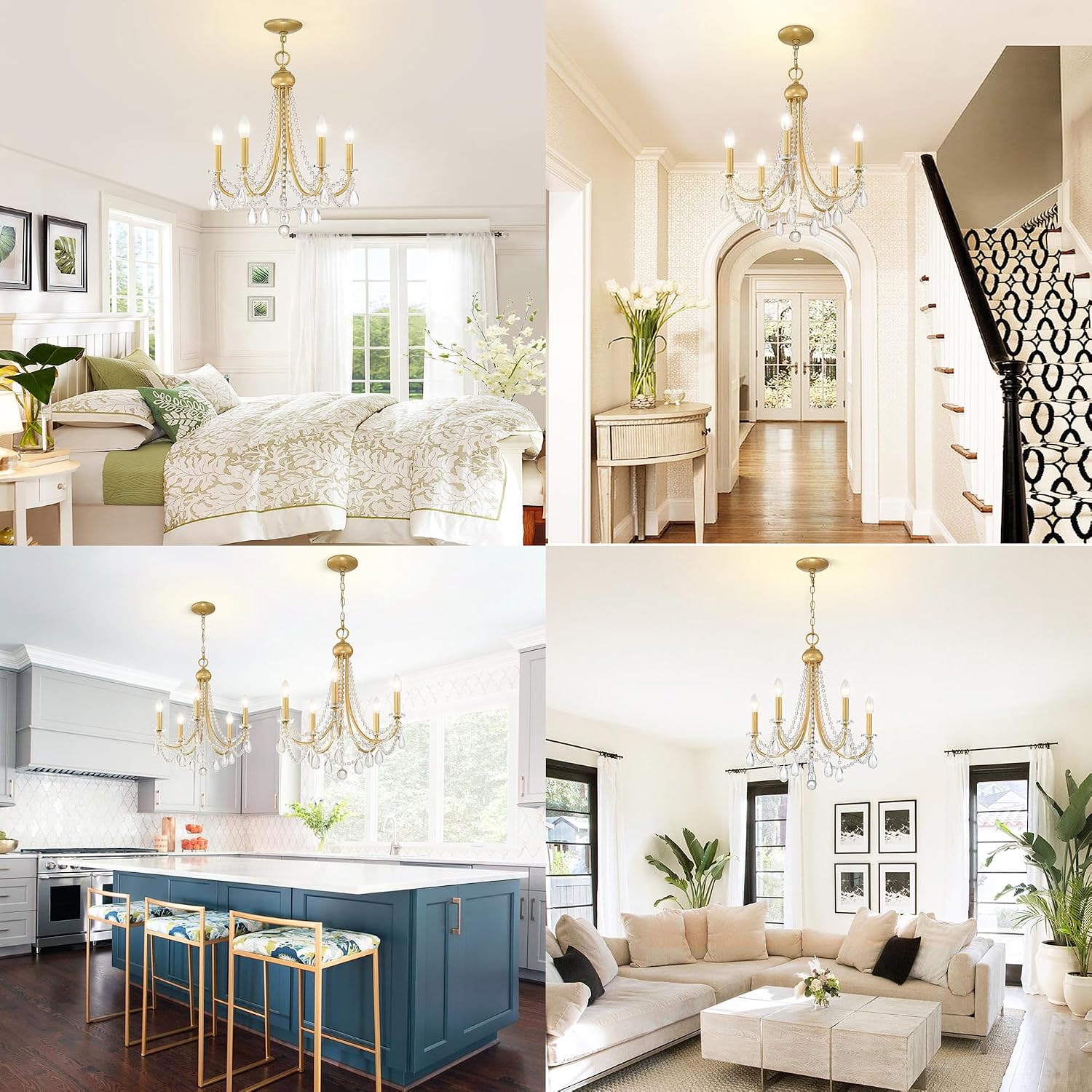 5-Light Farmhouse Chandelier with Crystals,Gold Candle Type Chandelier Lighting Fixture Adjustable Pendant Light for Bedroom Entryway Dining Room Living Room Kitchen Island
