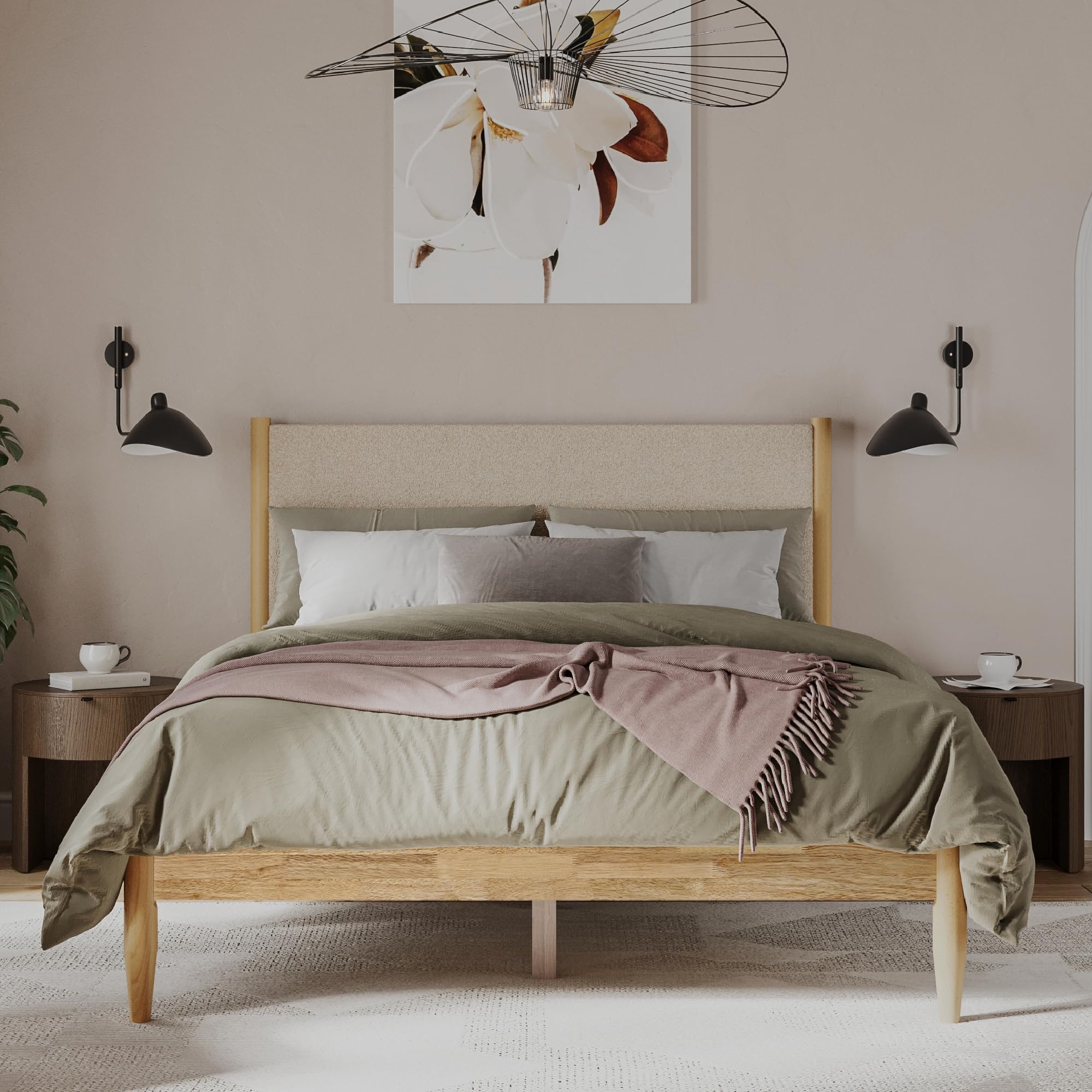 dg casa reign boucle mid-century modern full size wooden platform bed frame - upholstered in taupe boucle - solid wood with natural finish