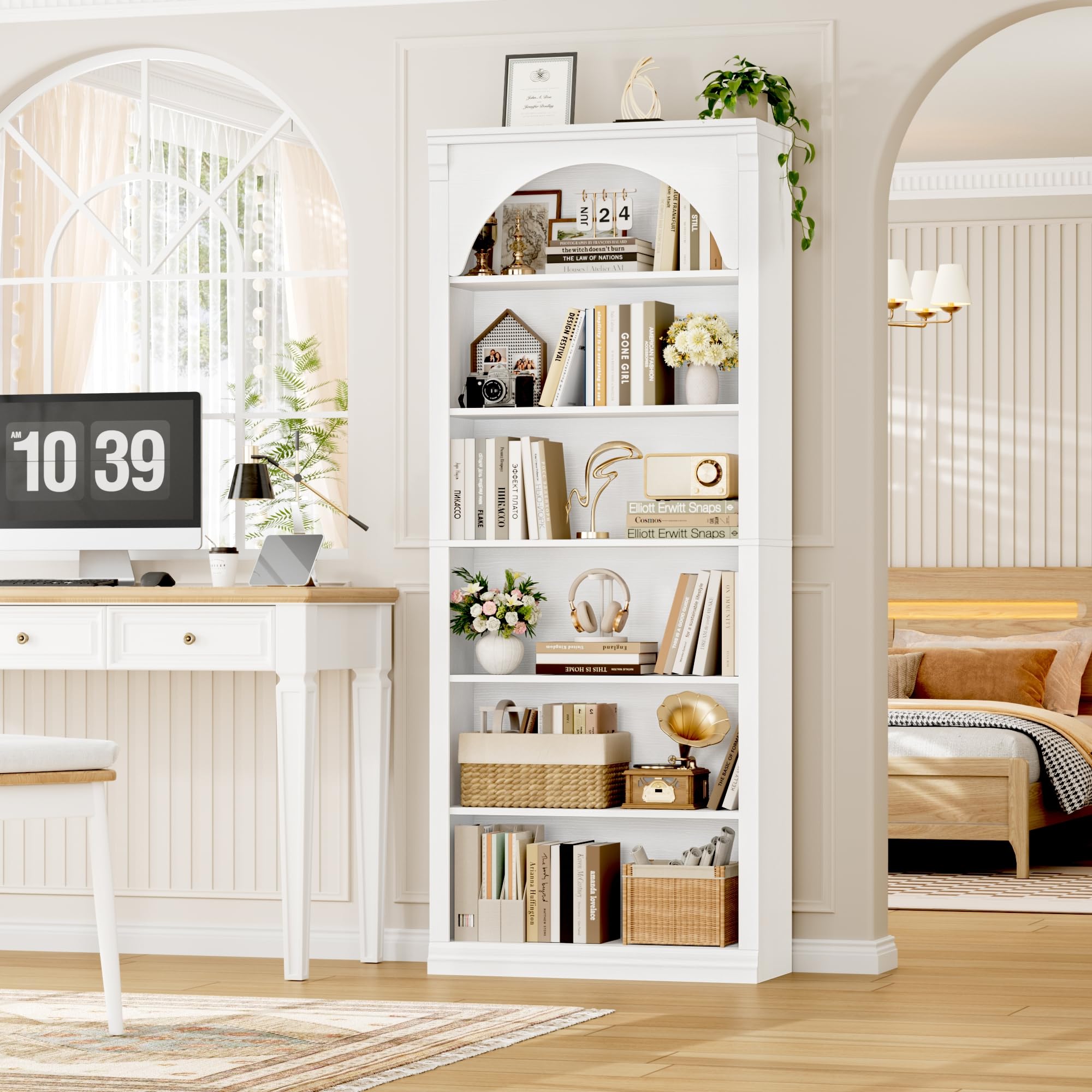 FirFurd Bibliotheque 186 cm 6 Étagères Bibliothèque Meuble de Rangement en Arc Étagere Rangement Ouverte Bibliothèques pour Salon, Bureau, Chambre 75x28x186cm Blanc