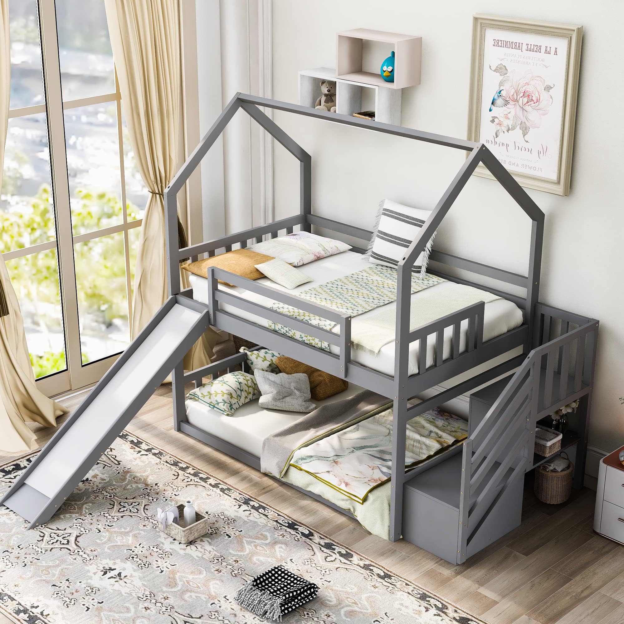 Amazon.com: BIADNBZ Twin Over Twin Low Bunk Bed with Slide and Stairs ...