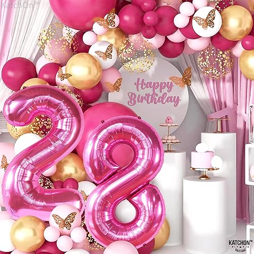 Miniatura 6 de KatchOn, Globo rosa intenso del número 28, 40 pulgadas, globos de cumpleaños de 28 años de color rosa intenso, decoración de cumpleaños de 28 para