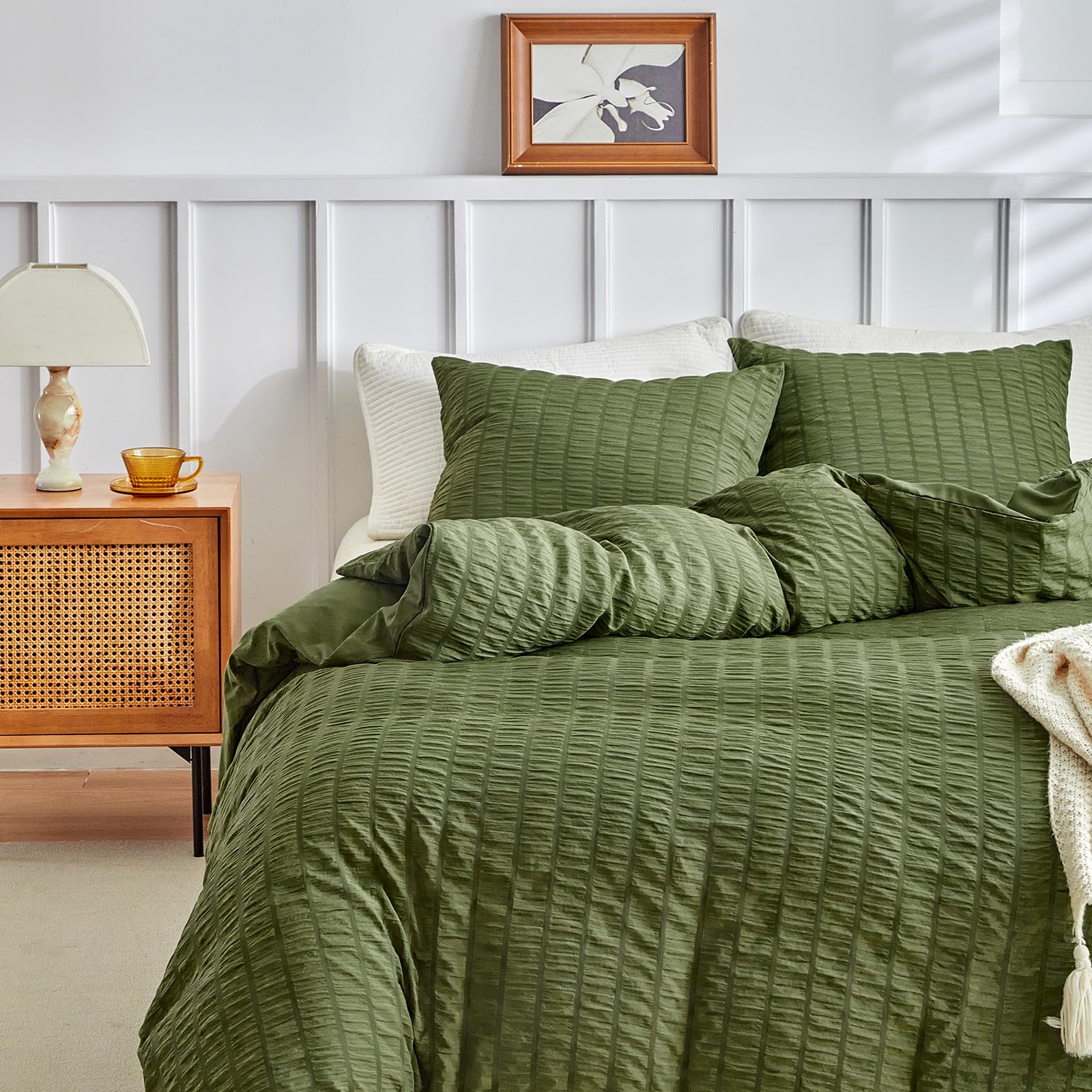 DuShow Olive Green Duvet Cover Double,3 Pieces Seersucker Bedding Set,Textured Duvet Set including 2 Pillowcases for Double Bed Soft Microfiber Duvet Cover Set 200x200 cm,Green - Image 3