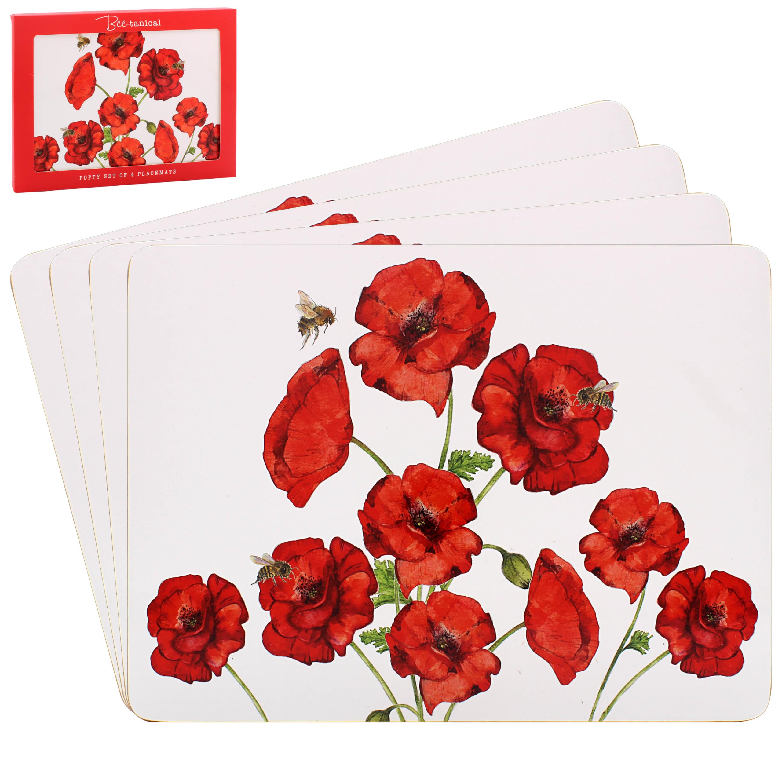 Lesser & Pavey Sarah Boddy Bee-Tanical Poppy Placemats Set of 4 For Dining | Ideal Kitchen Mats Non Slip Washable Place Mats For Table | Easy to Clean Table Mats For Dinner Plates & Any Time Meal