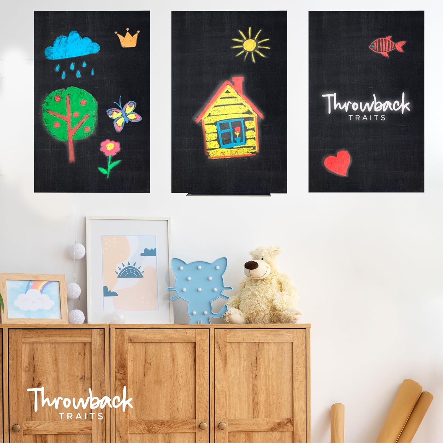 Throwback Traits Chalkboard Canvas Wall Decor Set of 3, Writable 11x17 Blackboard Panels for Kitchen, Kids Room and Home Office | Reusable with Metal Chalk Ledge | Use with Liquid Chalk Markers