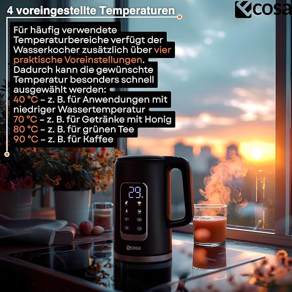 Wasserkocher Edelstahl mit Temperatureinstellung (40°C-100°C) 17 Liter 2200 Watt Teekocher 100% BPA FREI Warmhaltefunktion LED Display mit Temperaturwahl Wasser Kocher Water Kettle (Silk Schwarz)