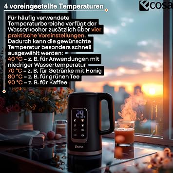 Wasserkocher Edelstahl mit Temperatureinstellung (40°C-100°C) 17 Liter 2200 Watt Teekocher 100% BPA FREI Warmhaltefunktion LED Display mit Temperaturwahl Wasser Kocher Water Kettle (Silk Schwarz)