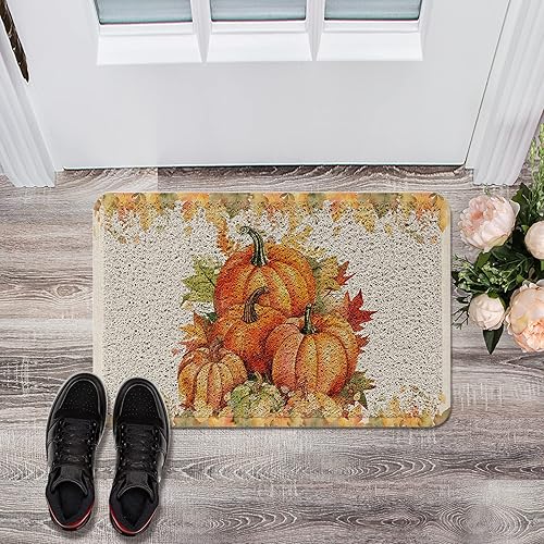 Fantasy Staring Fall Pumpkin Maple Leaves Outdoor Indoor Entrance Doormat Seasonal Autumn Thanksgiving Harvest Front Welcome Door Mats Inside