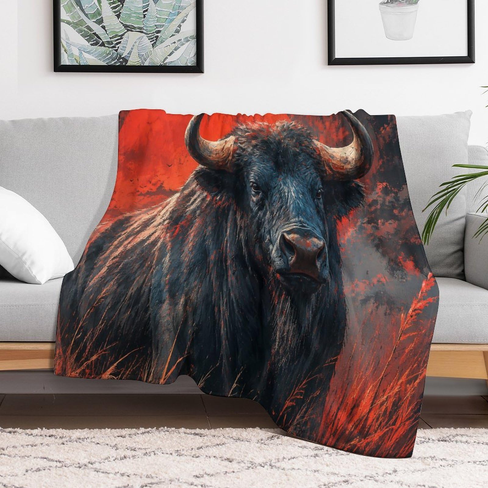 Dramatic Buffalo Portrait with Red Accents Kuscheldecke für Zuhause