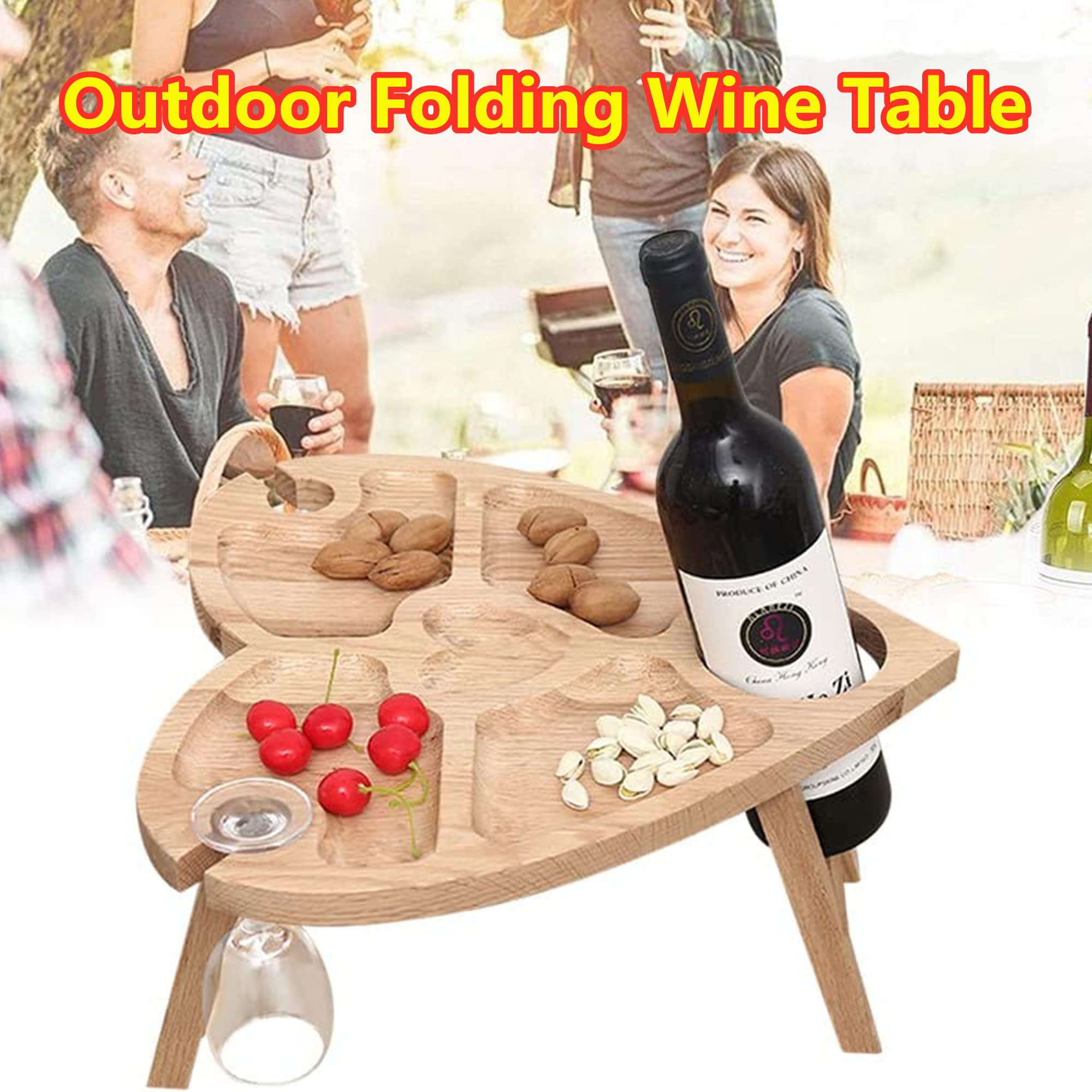 GWMWON Tragbarer Weintisch für den Außenbereich, 5 Fächer, Snack-Obst-Serviertablett, Holz-Weinregal-Organizer, 2 Weinglashalter, 1 Weinflaschenhalter, für Reisen, Camping