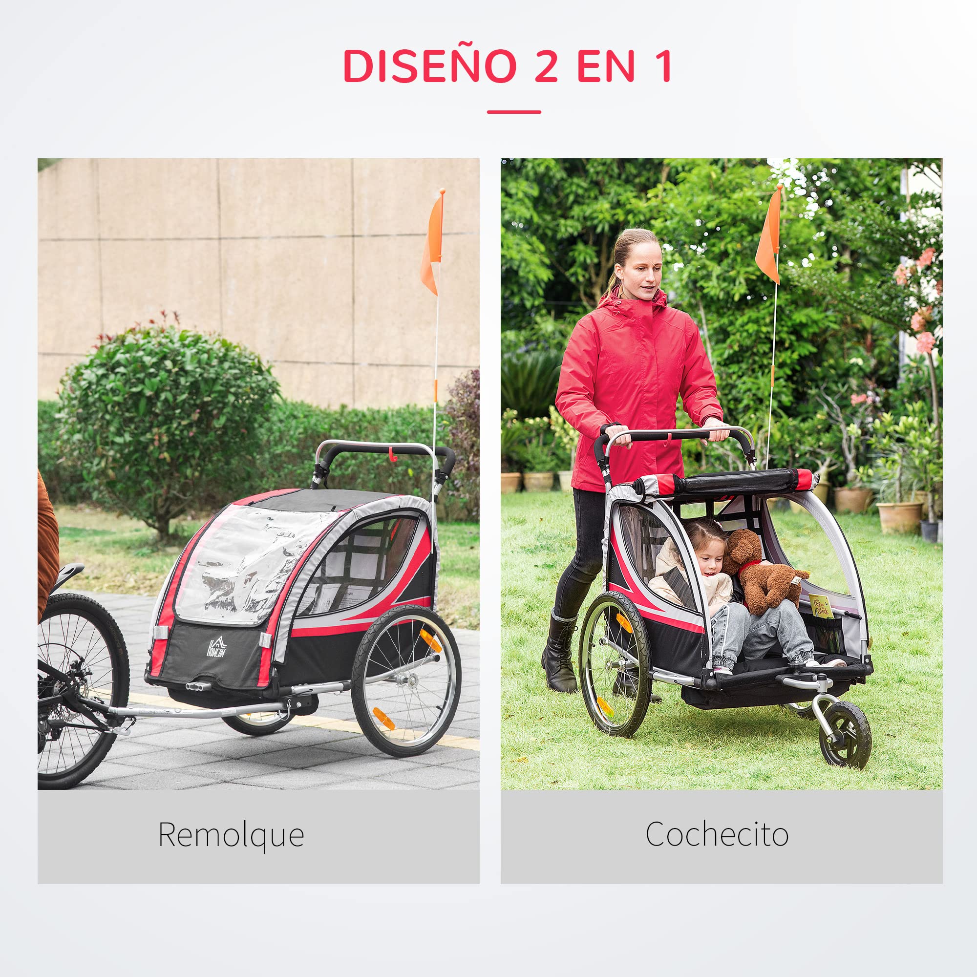 HOMCOM Remolque de Bicicleta para Niños +18 Meses 2 en 1 Cochecito de Paseo de 2 Plazas con Freno de Mano Cinturón de Seguridad Bandera y Reflectores 142x75x101 cm Rojo
