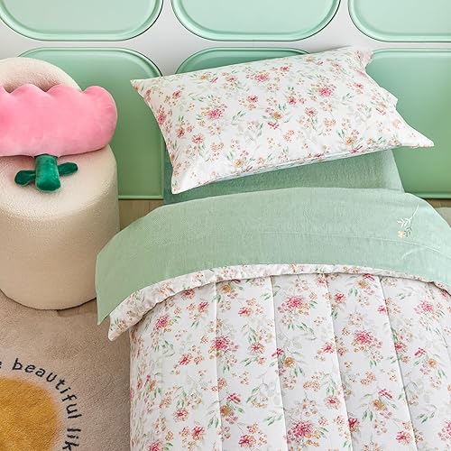 Miniatura 4 de Joyreap Juego de ropa de cama de algodón de 4 piezas para niños pequeños estampado de flores verdes en blanco juego de edredón suave y transpirable