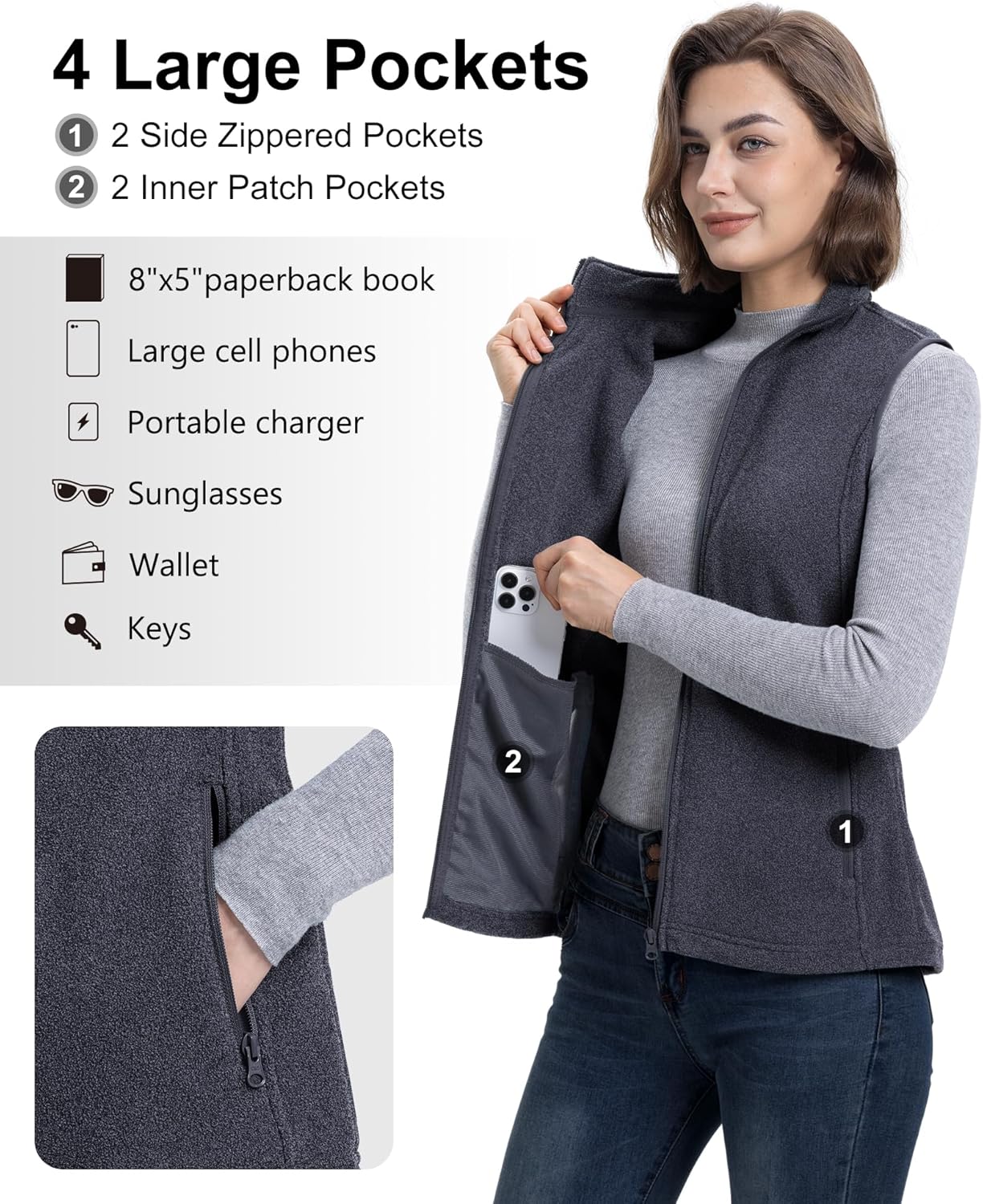 33,000ft Women's Fleece Vest, Lightweight Warm Polar Soft Vests Outerwear with Zip Up Pockets, Sleeveless Jacket for Winter - Image 3