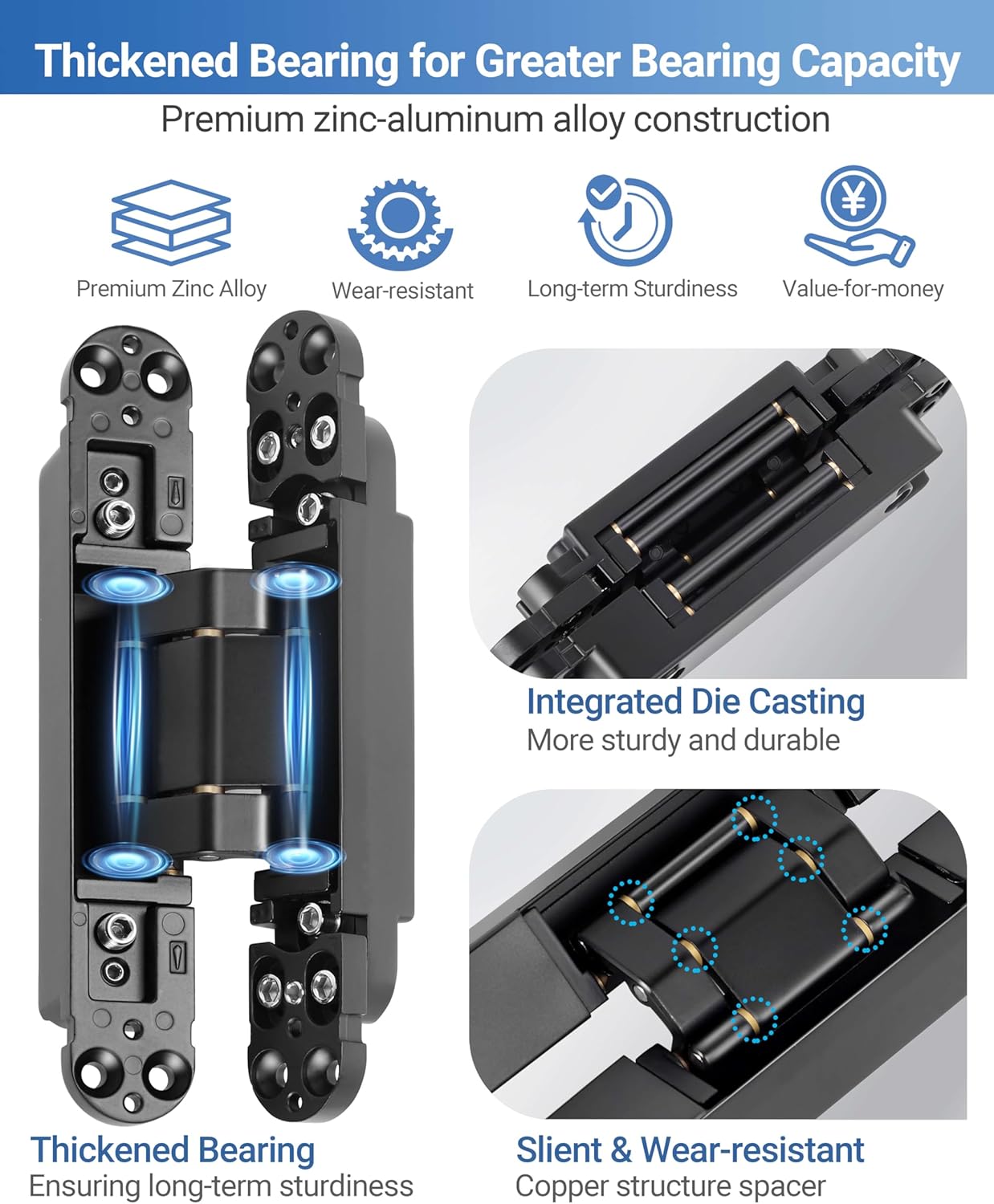 Invisible Door Hinges (2 pcs) -7 Inch Black Hidden Hinges for Doors, 3 Way Adjustable & 180 Deg Swing & Upgraded Copper Support Invisible Hinge, Heavy-Duty Concealed Door Hinges 177Lbs Load-Bearing