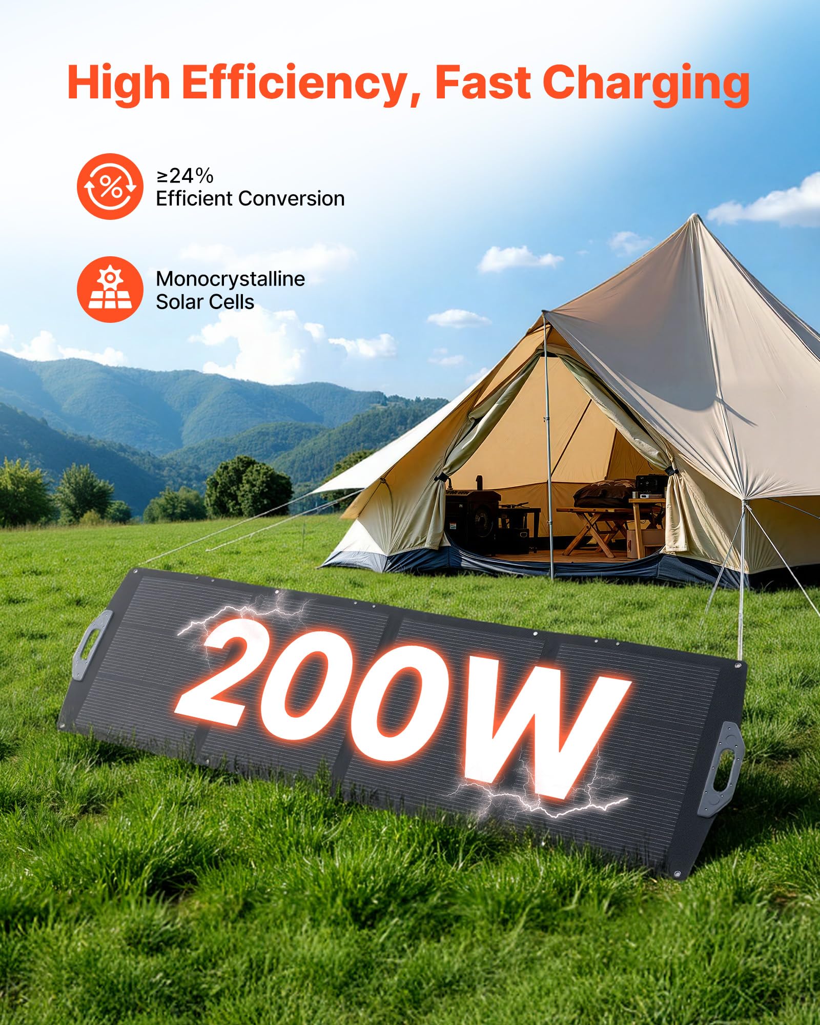 VEVOR Pannello Solare Pieghevole 200 W, Caricatrore Portatile Monocristallino ad Alta Efficienza 24%, Uscita MC4, Porte USB-A, USB-C e DC, Impermeabile IP67, per Power Station, Campeggio ed Escursioni