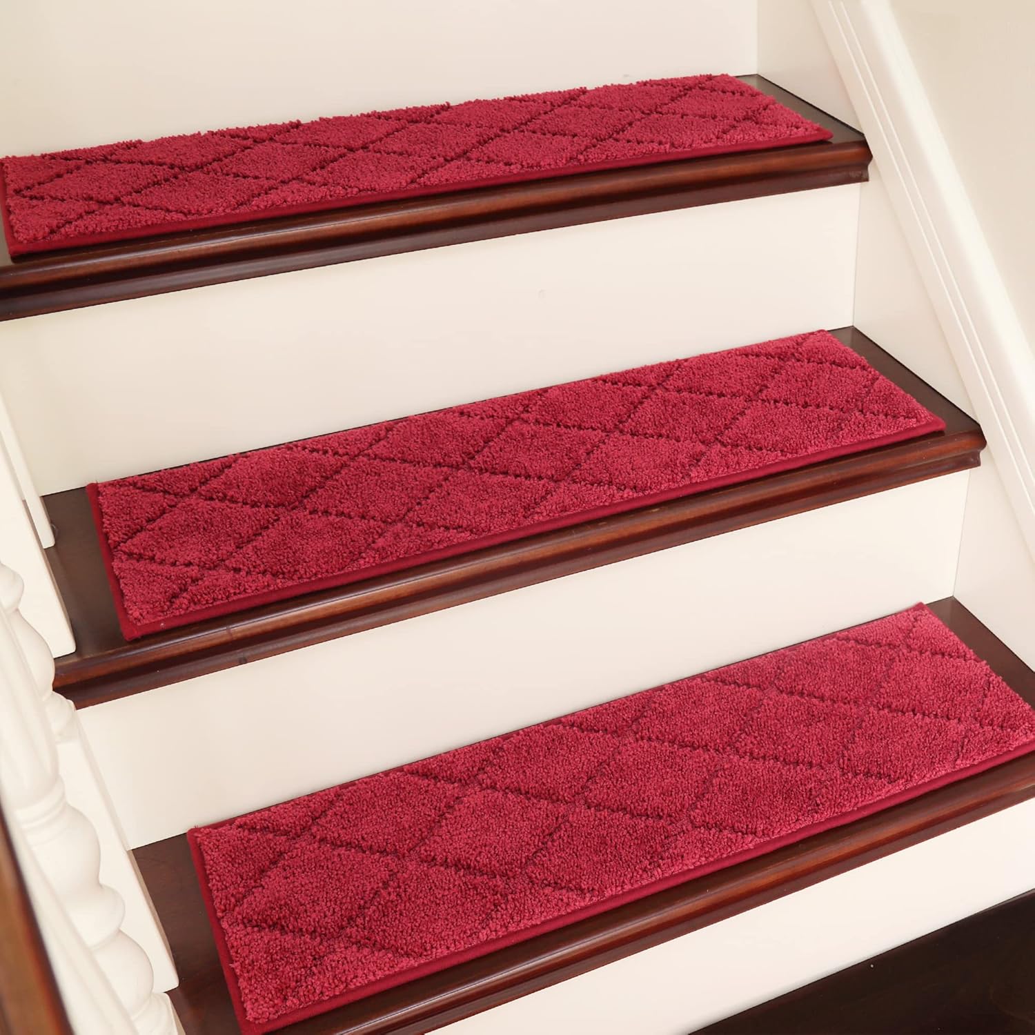 COSY HOMEER Edging Stair Treads Non-Slip Carpet Mat 28inX9in Indoor Stair Runners for Wooden Steps, Edging Stair Rugs for Kids and Dogs, 100% Polyester TPE Backing (15pc, Red)