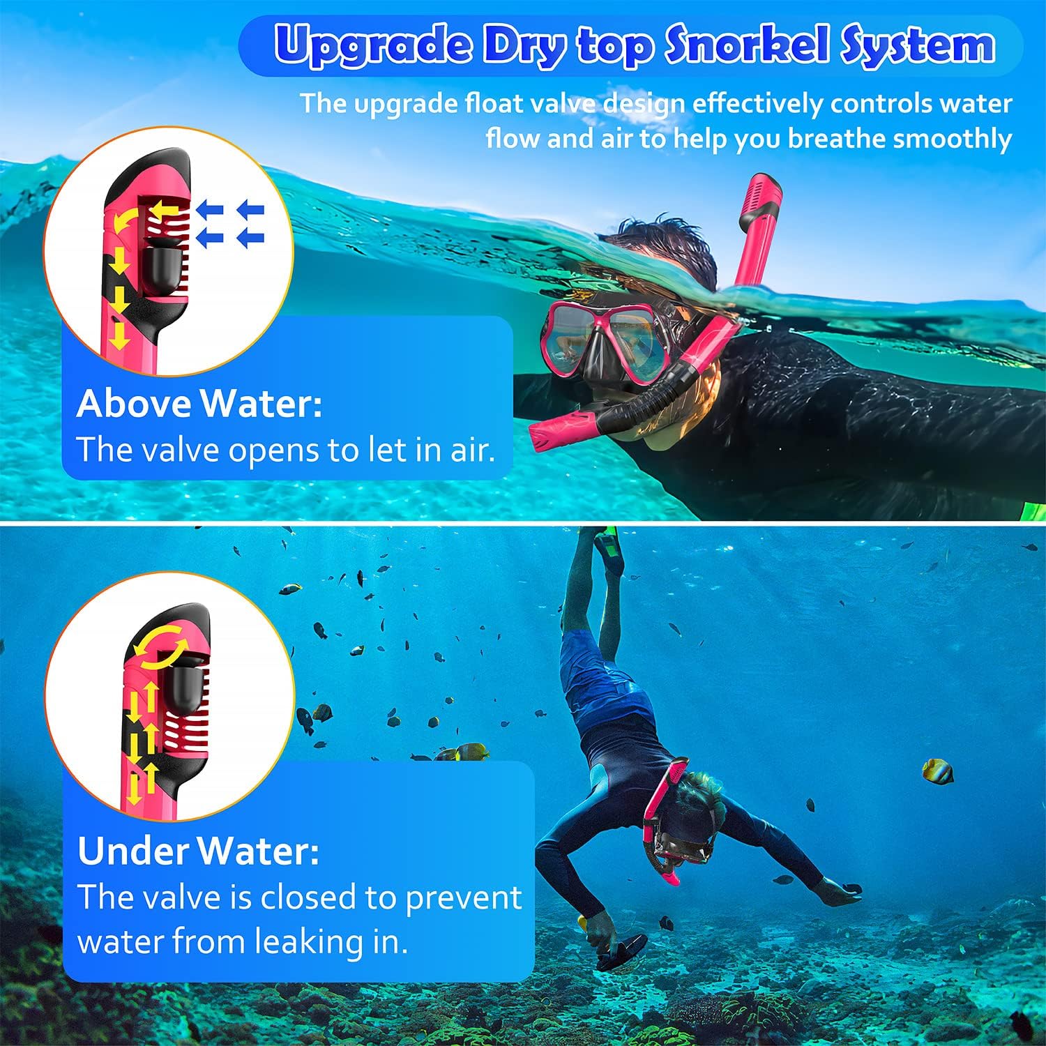 Dry Snorkel Set, 3 in 1 Snorkeling Gear Set with Anti-Fog Diving Mask, Dry Top Snorkel and Swimming Earplugs, Professional Snorkeling Set for Adults for Snorkeling Swimming Scuba Diving : Sports & Outdoors