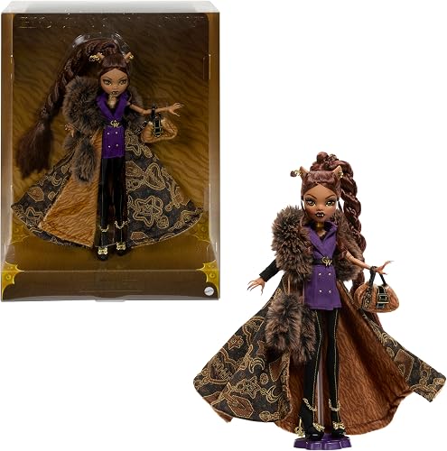 Monster High Doll, Clawdeen Wolf House of Wolf Collectible with Faux Fur Jacquard Coat, Purple Blazer Dress, Pantaboots and Golden Accessories, JDR66 - 1