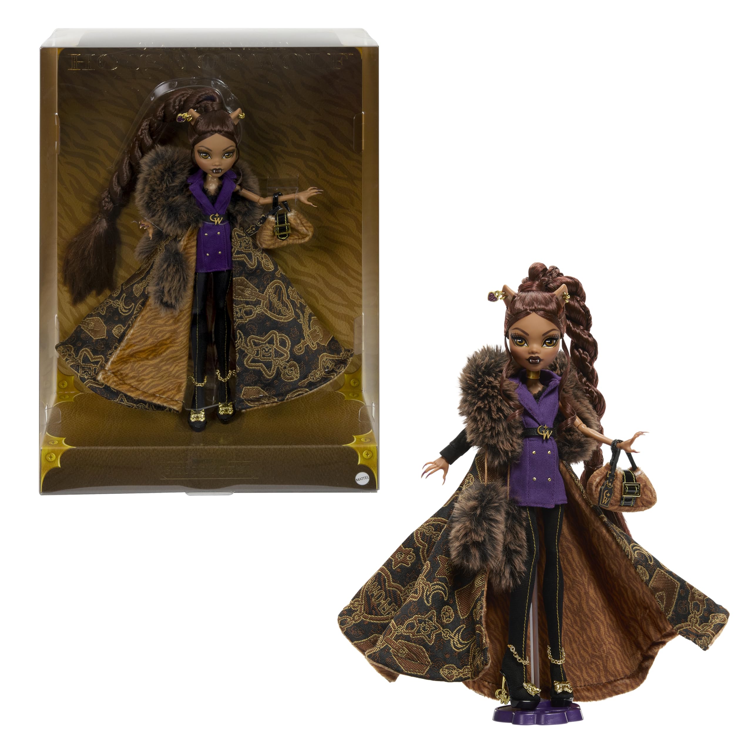 Monster High Modna Clawdeen House of Wolf Lalka kolekcjonerska Żakardowy płaszcz ze sztucznym futerkiem, fioletowa sukienka garniturowa, rajstopobuty i złociste akcesoria, JDR66