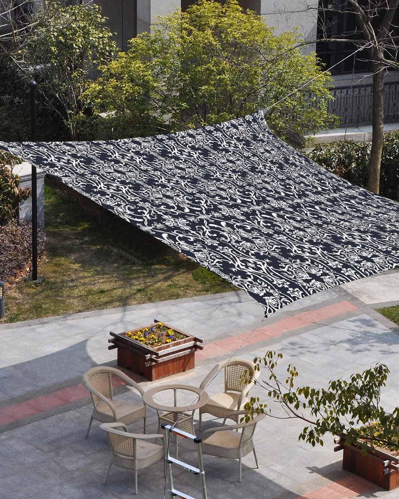 Waterproof Sun Shade Sail Abstract Geometric Flowers Floral Blue Texture Outdoor Patio Sun Shades Canopy UV Block Water Resistant Sunshade for Garden Backyard Deck Pergola 12x16 Ft