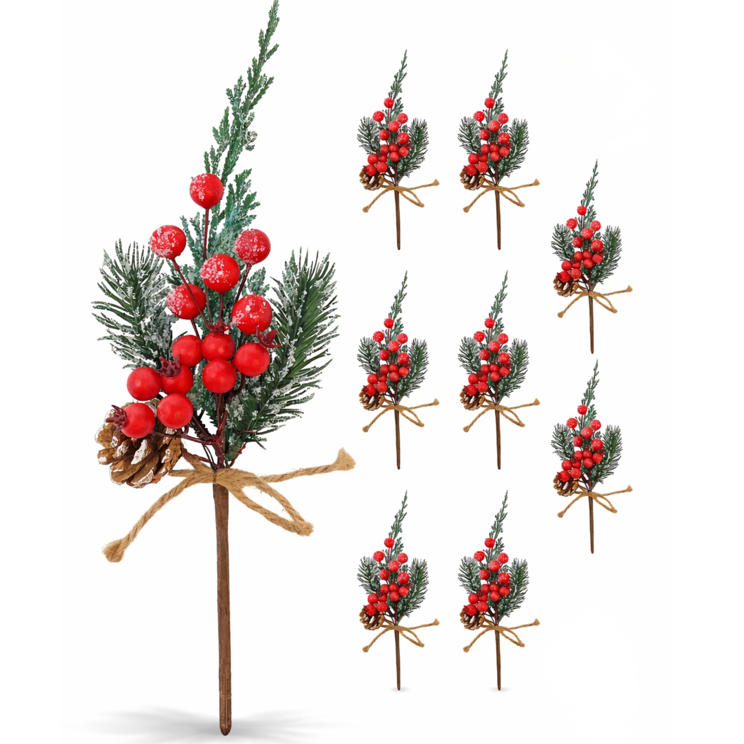 BANBERRY DESIGNS Juego de 9 púas de piñas y bayas nevadas, con forma de piñas y bayas rojas y piñas, para decoración navideña, tallos flexibles, bricolaje para manualidades navideñas y decoración
