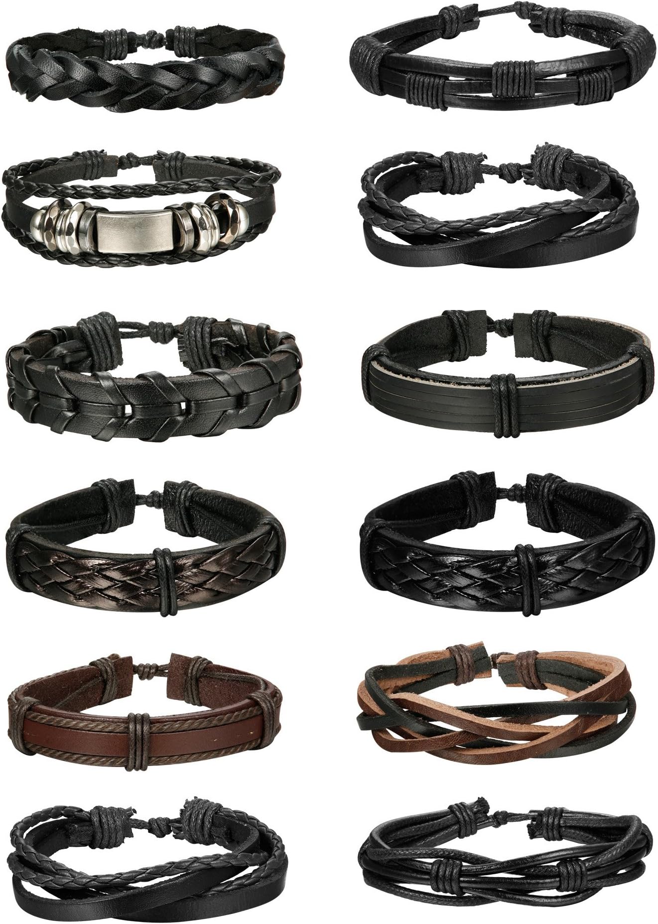 Jstyle 12Pcs Braided Bracelet for Men Beaded Bracelets Wrap Leather Wooden Bracelets Adjustable