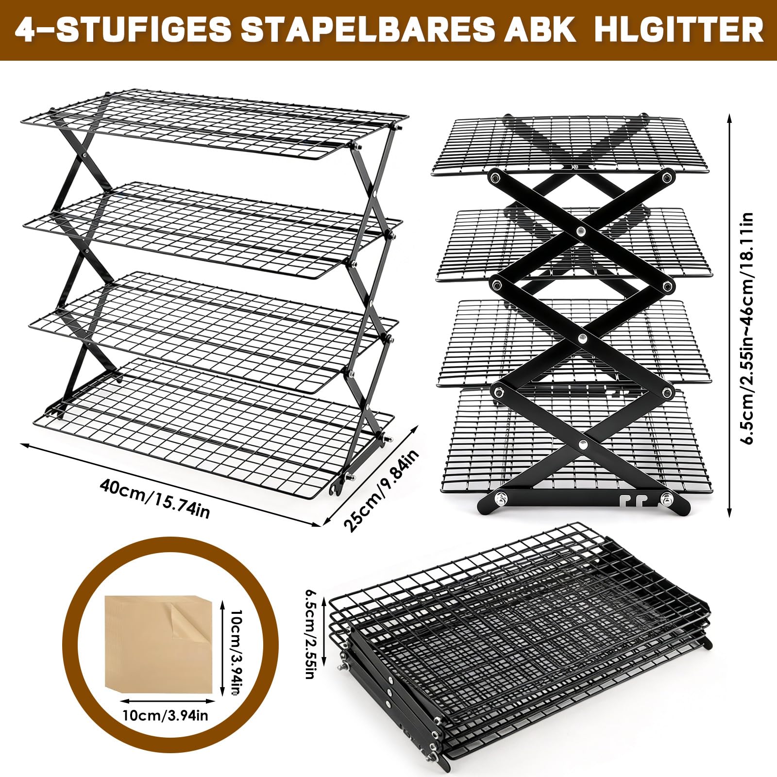 Grille de refroidissement empilable à 4 étages - Grille de refroidissement pour la cuisson et la pâtisserie - 40 x 25 x 46 cm - Noir