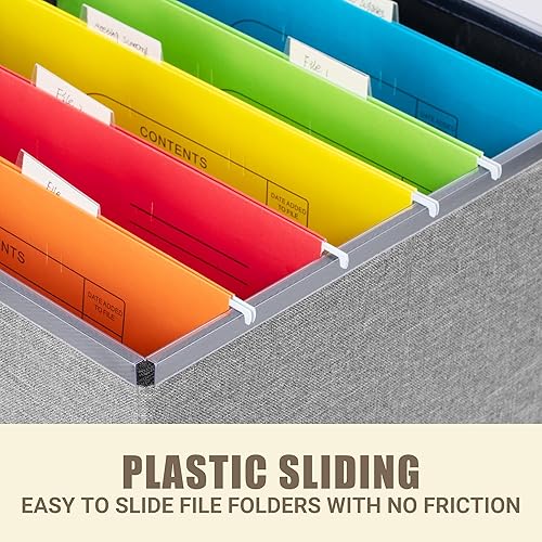 Miniatura 2 de Caja organizadora de archivos con 5 carpetas colgantes y tobogán de plástico, caja de archivos plegable de lino con tapa para oficina, hogar,