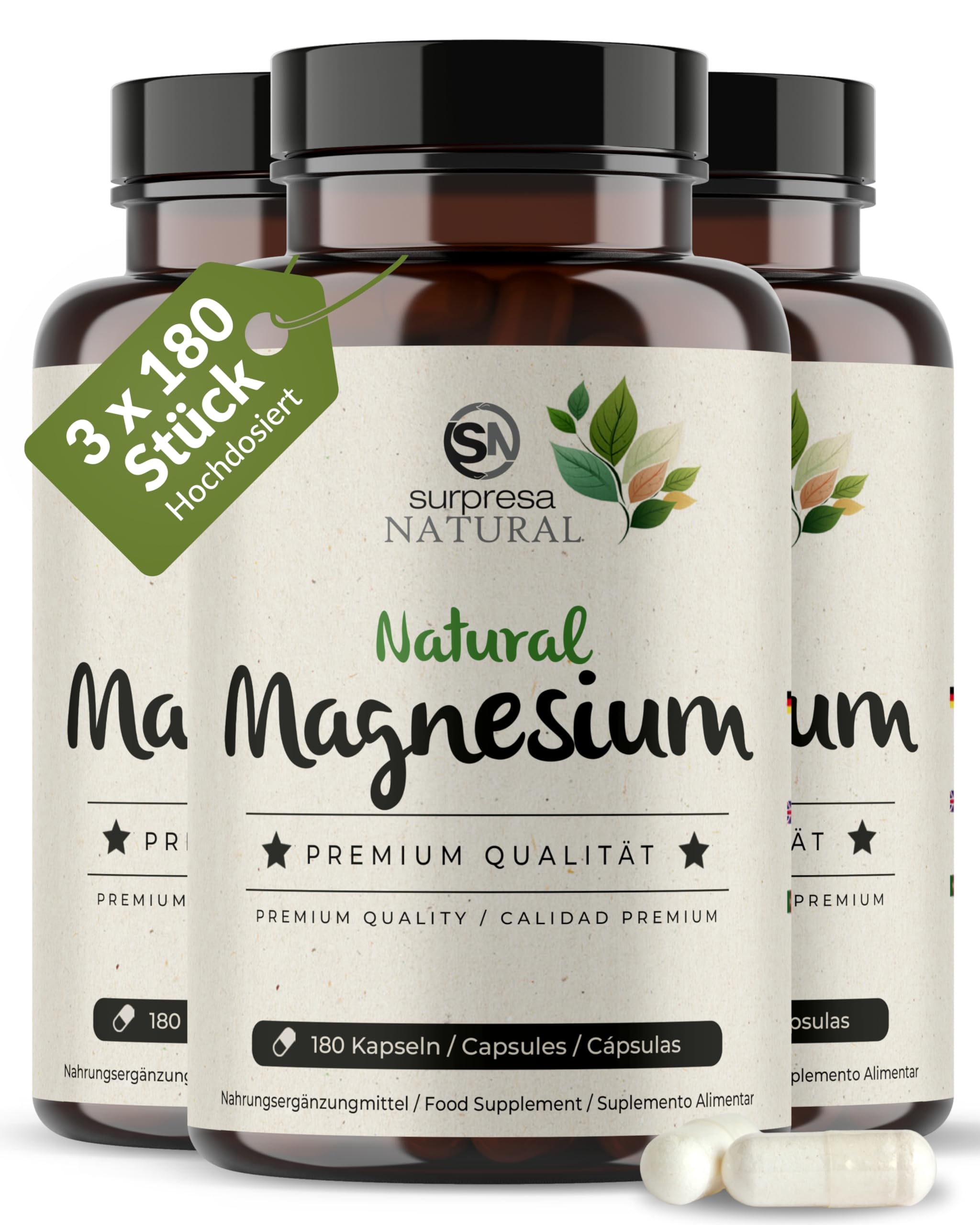 Magnesium Kapseln hochdosiert I 3x 180 Kapseln I 700mg Mg. Hydroxid aus Meerwasser I 224mg elementares Magnesium pro Kapsel I Nahrungsergänzungsmittel vegan & laborgeprüft