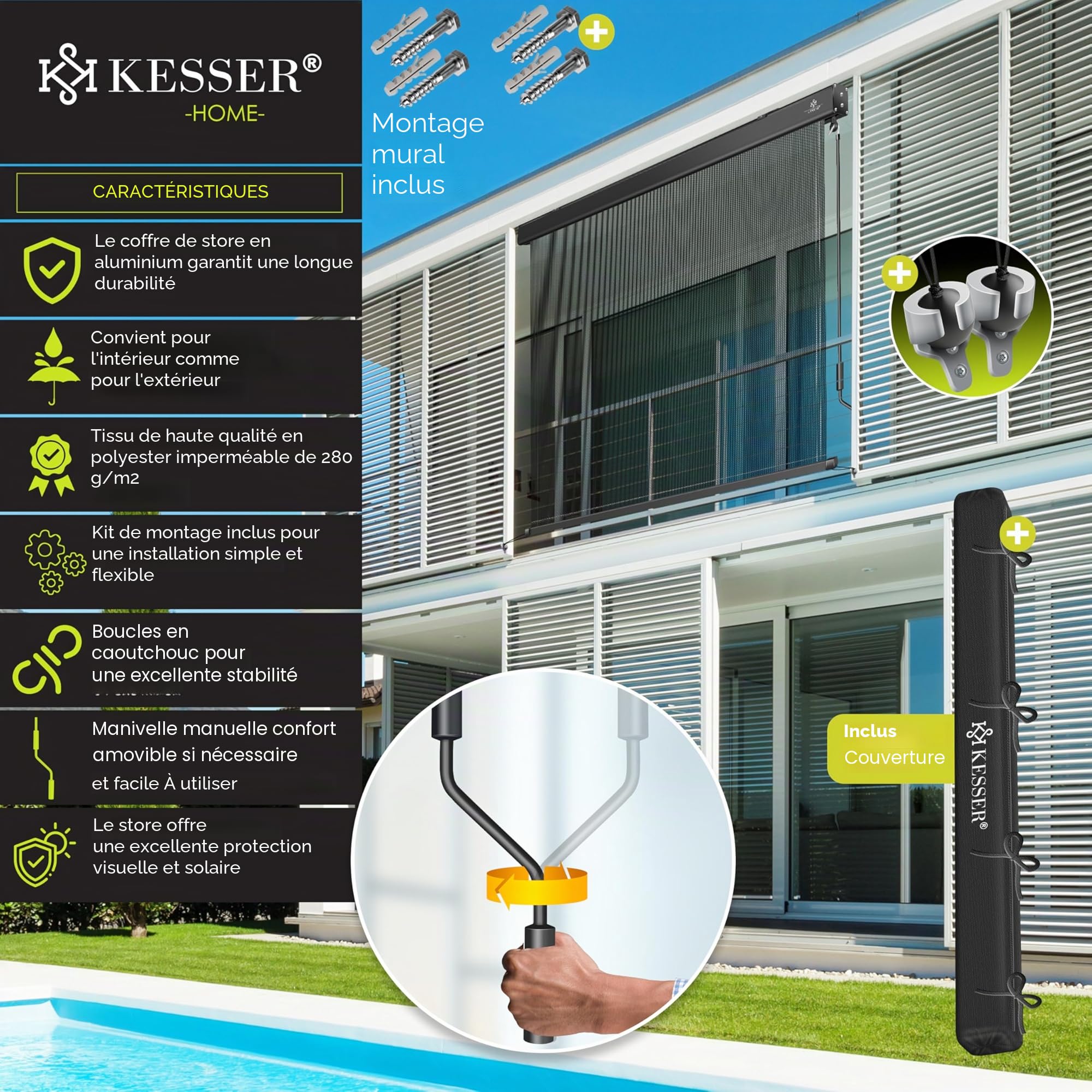 KESSER® store vertical 140 x 250 cm - Mécanisme à manivelle - Balcon - Protection solaire et brise-vue - Manivelle - Caisson pour balcon et terrasse - Kit de