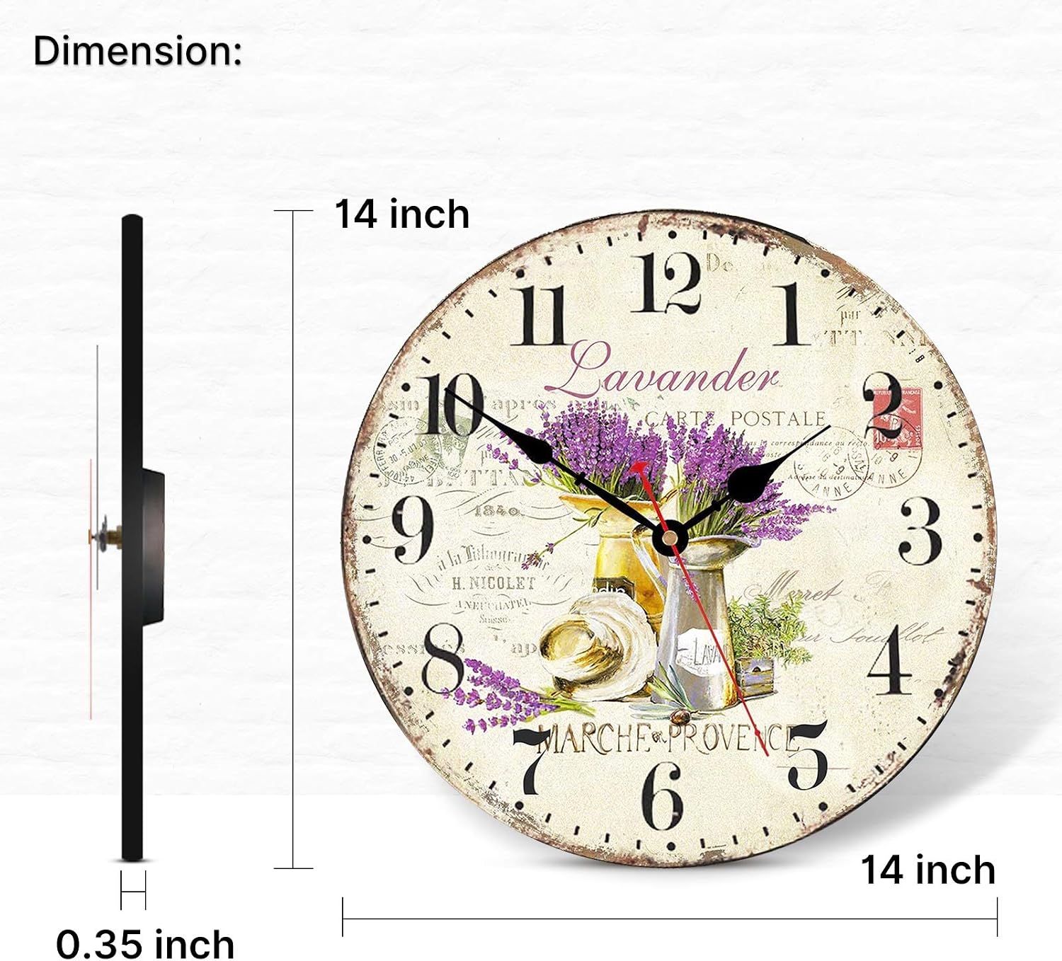 TAHEAT Romantic Lavander Wall Clock, French Purple Love Floral Clocks, Accurate Decorative Easy to Read Wall Clock for Living Room/Bedroom/Bathroom/Kitchen, 14 Inch