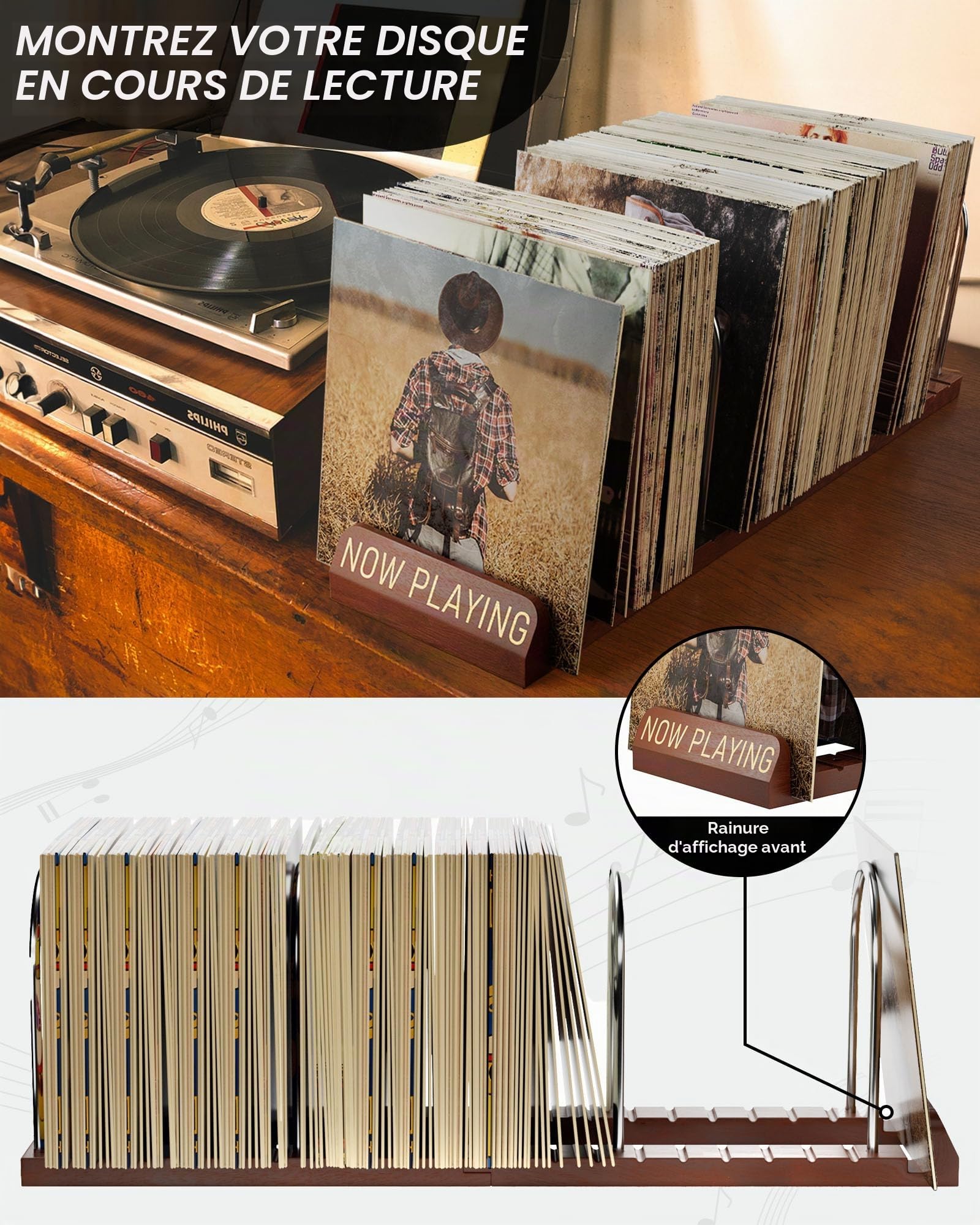 BS-VOG Now Playing Support de rangement pour disques vinyles 150 LP avec rainures antidérapantes, support de disque vinyle rotatif Wood Now pour albums, emballage cadeau