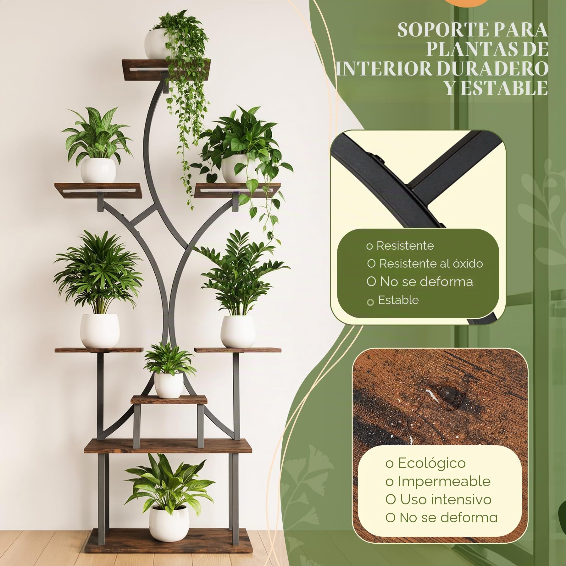 Soporte Plantas Interior con Luz de Crecimiento, 162 cm de Alto, Estanteria Plantas 8 Niveles, Soporte para Planta Madera & Metal para Salón, Terraza, Jardín, Balcón, Decoración Del Hogar