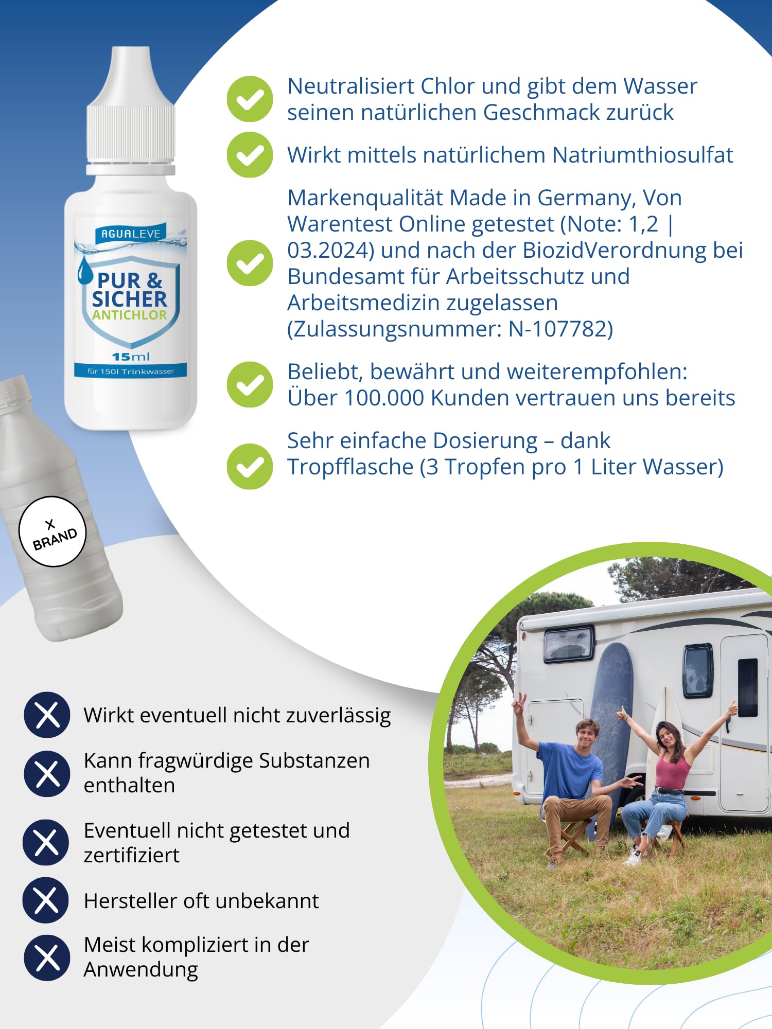 AGUALEVE® Antichlor 15ml für 150l Wasser *NEU* | Neutralisiert Chlor im Trinkwasser | Perfekt für Reisen und nach Wasserentkeimungstabletten | Markenqualität Made in Germany | mit Note 1,2 getestet