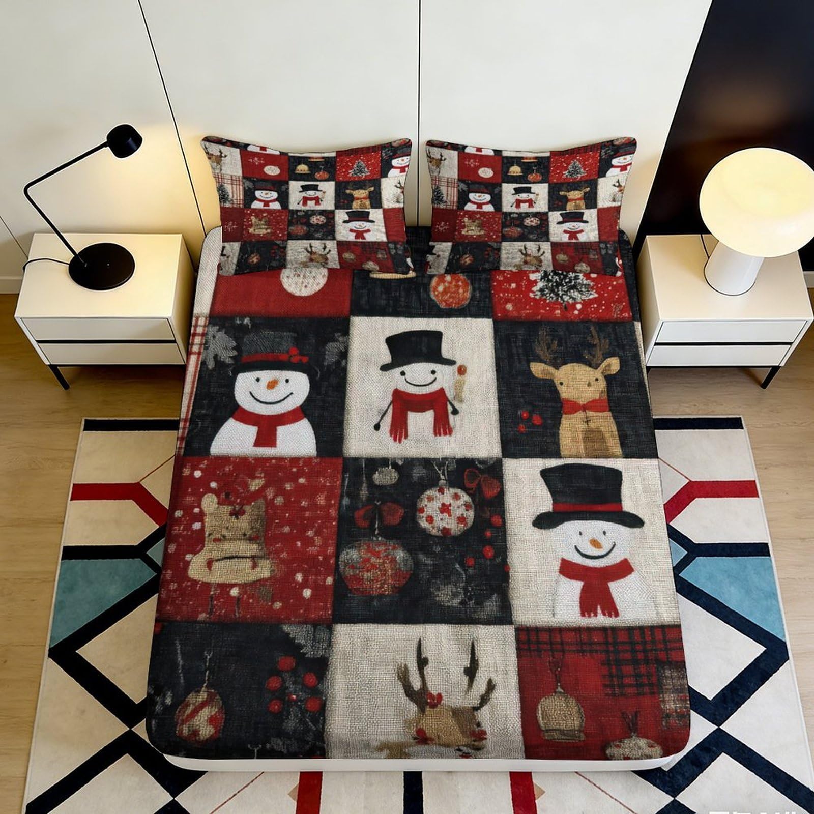 3D Printed Christmas Snowman Fitted Sheet Microfiber Red Reindeer Bed Cover for Bedroom Dorm Decorative Protection 180x200x25cm