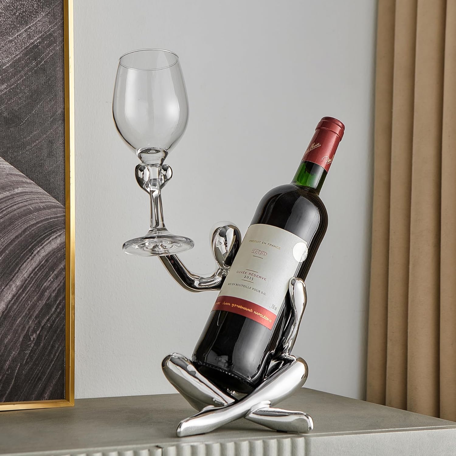 Thinker Statue Wine Rack, Silver Modern Rack for Kitchen Table Decor, Single Wine Bottle Holder Countertop for Bar, Small Bottle Holder Rack