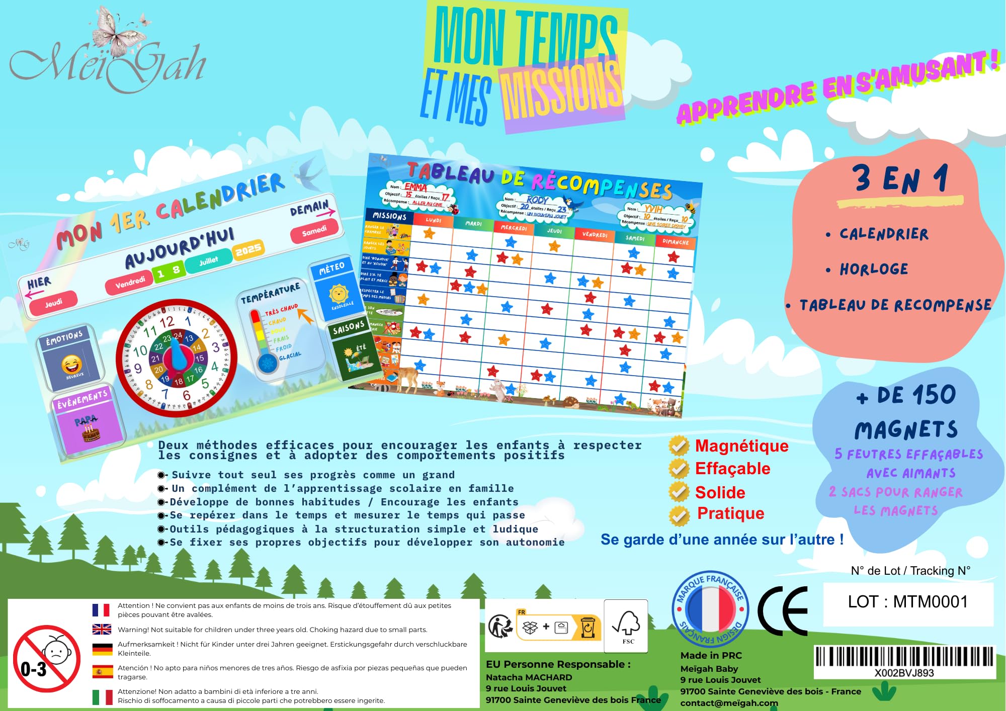 MEIGAH Tableau de Recompense Enfant + Calendrier Éducatif – Autonomie, Routines & Comportement Positif – 160 Magnets & 300 Étoiles - Organisation, Confiance en soi & Apprentissage ludique