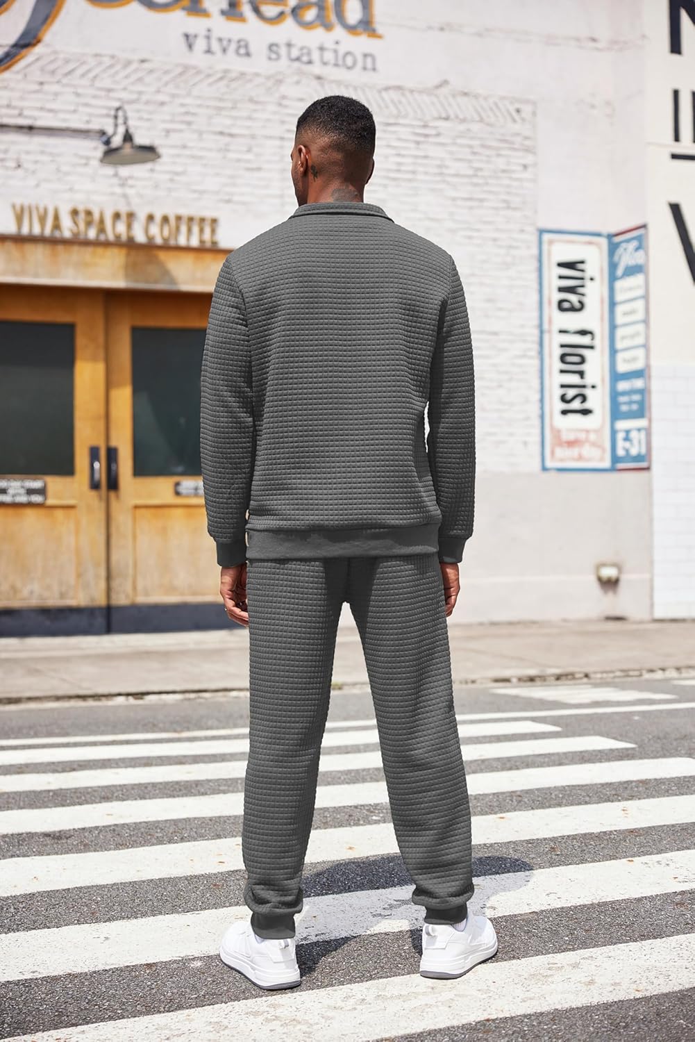 COOFANDY Men's Tracksuit 2 Piece Quarter Zip Sweatsuit Workout Plaid Jacquard Jogging Suit Set - Image 3