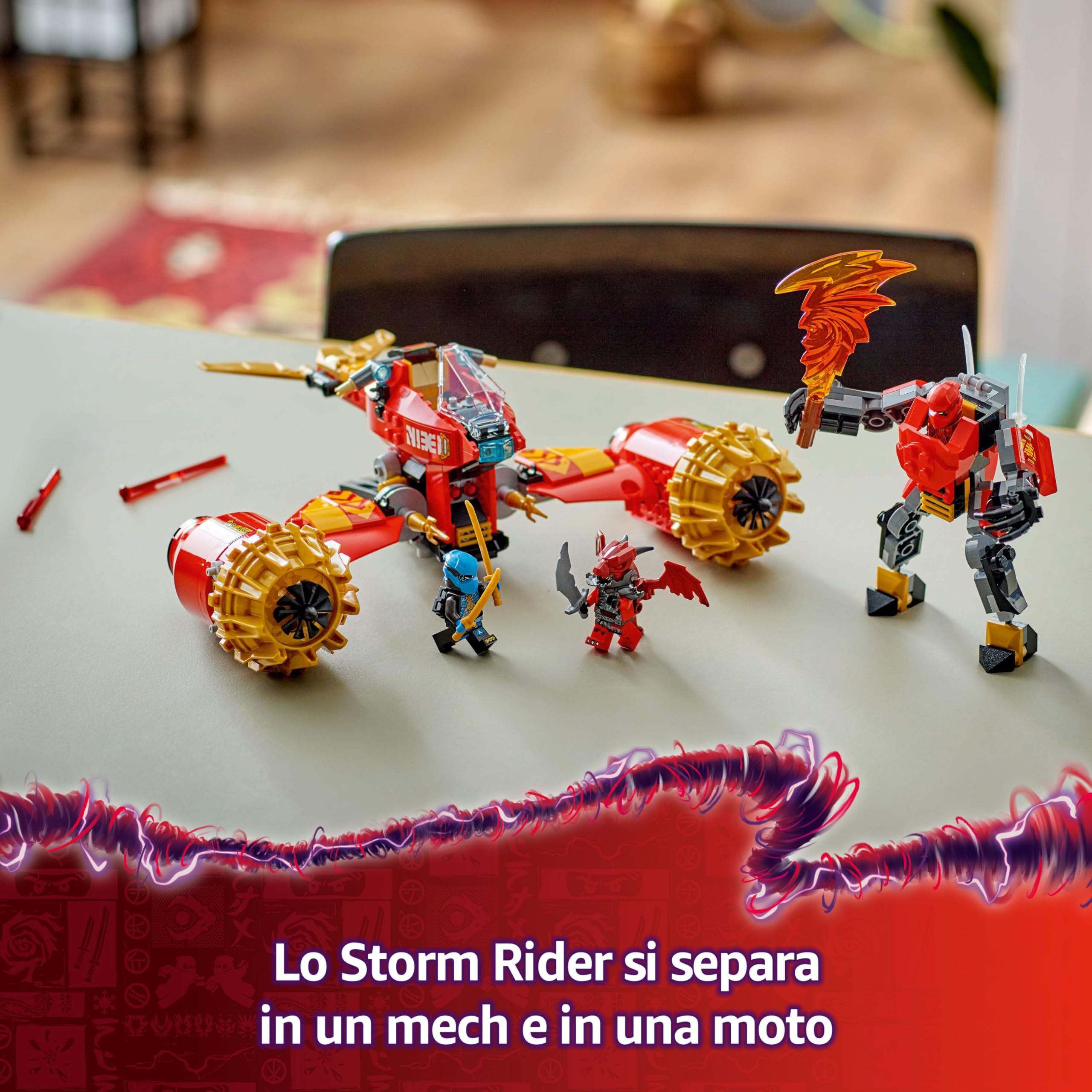 LEGO NINJAGO Mech Storm Rider di Kai - 2 Veicoli Trasformabili in Figura Snodabile e Moto Giocattolo, Set con 3 Minifigure e Armi, Giochi per Bambini e Bambine da 7 Anni da La Rivolta dei Draghi 71830