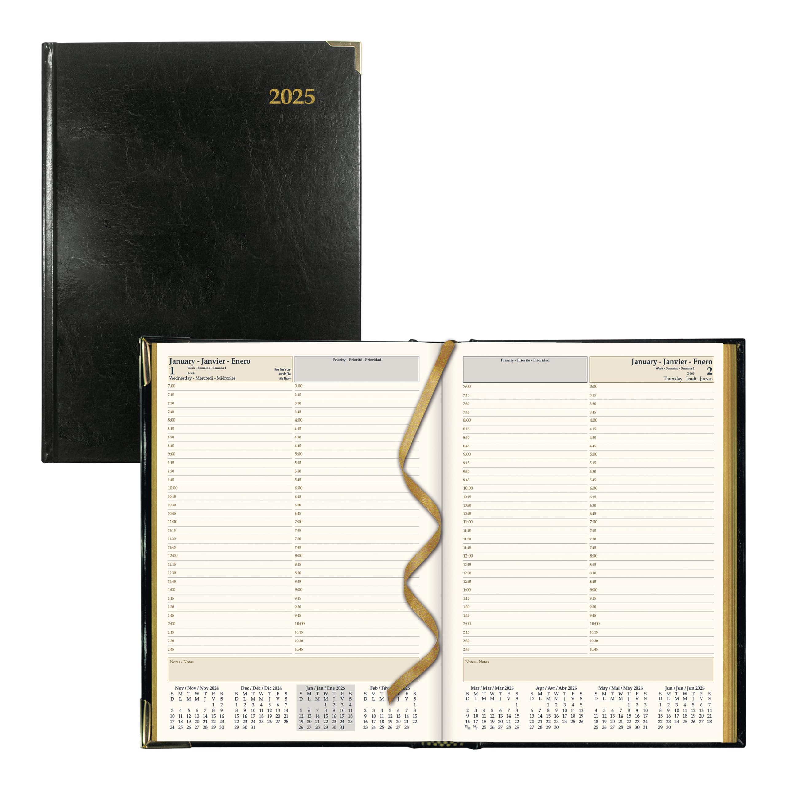 Brownline® 2025 Executive Daily Planner, Appointment Book, 12 Months, January to December, Sewn Binding, 10.75" x 7.75", Black, Trilingual (CBE514-25)