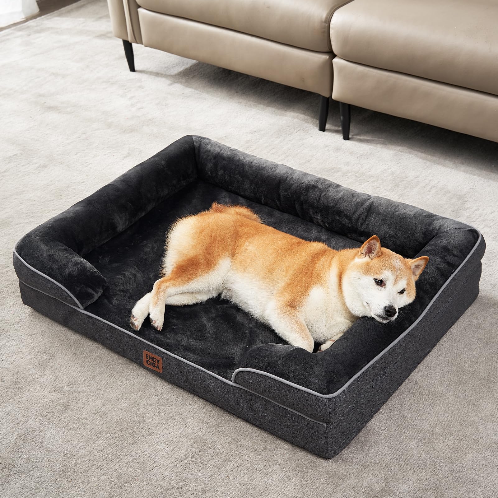 EHEYCIGA Orthopedic Dog Beds for Extra Large Dogs, Waterproof Memory Foam XL Pet Bed with Sides, Non-Slip Bottom and Egg-Crate Foam Big Dog Couch Bed with Washable Removable Cover, Dark Grey - image 8