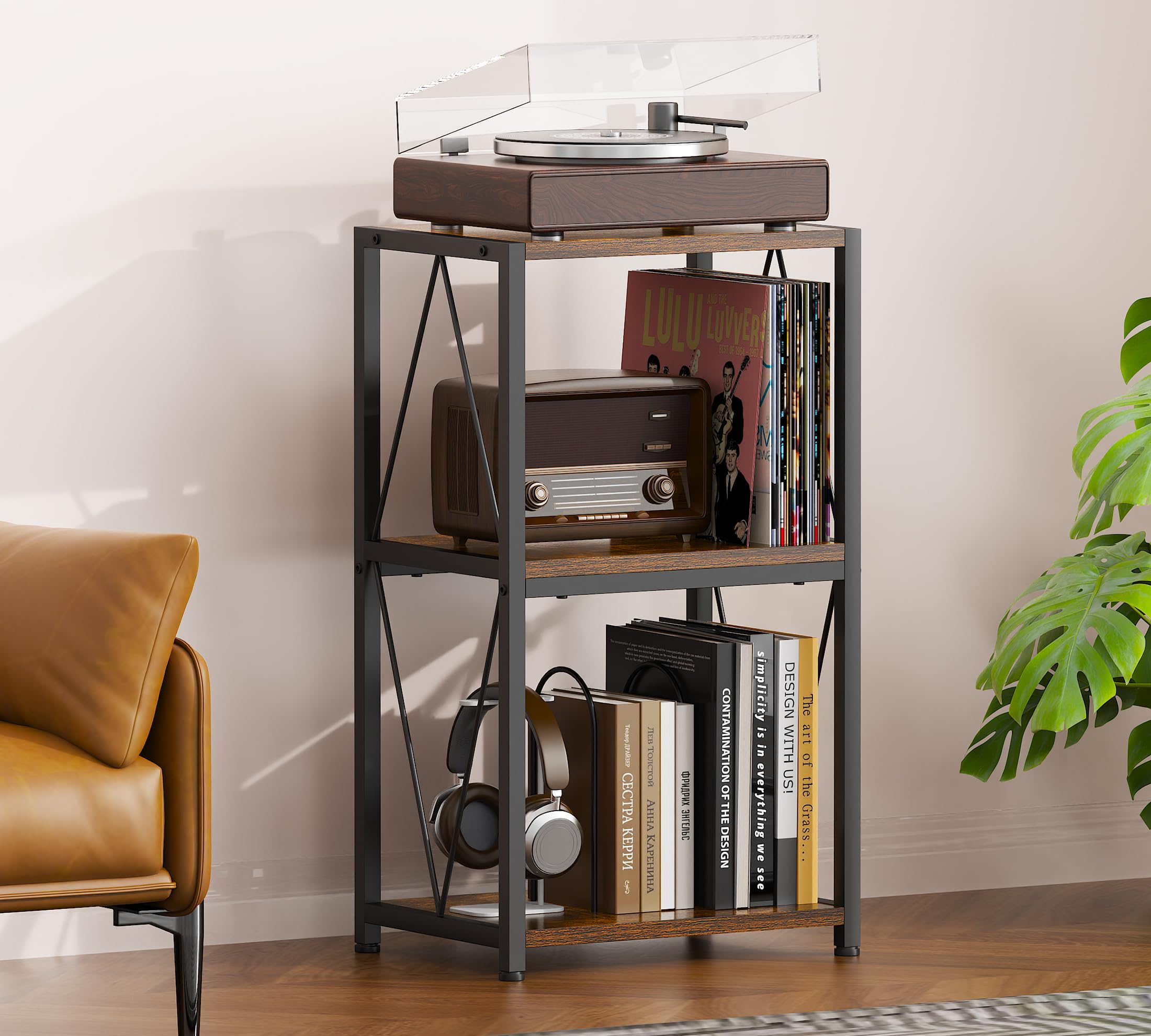 HFHOME Tavolo per giradischi, 3 livelli, supporto per 100 dischi in vinile, contenitore, misure 40x30x65,8 cm